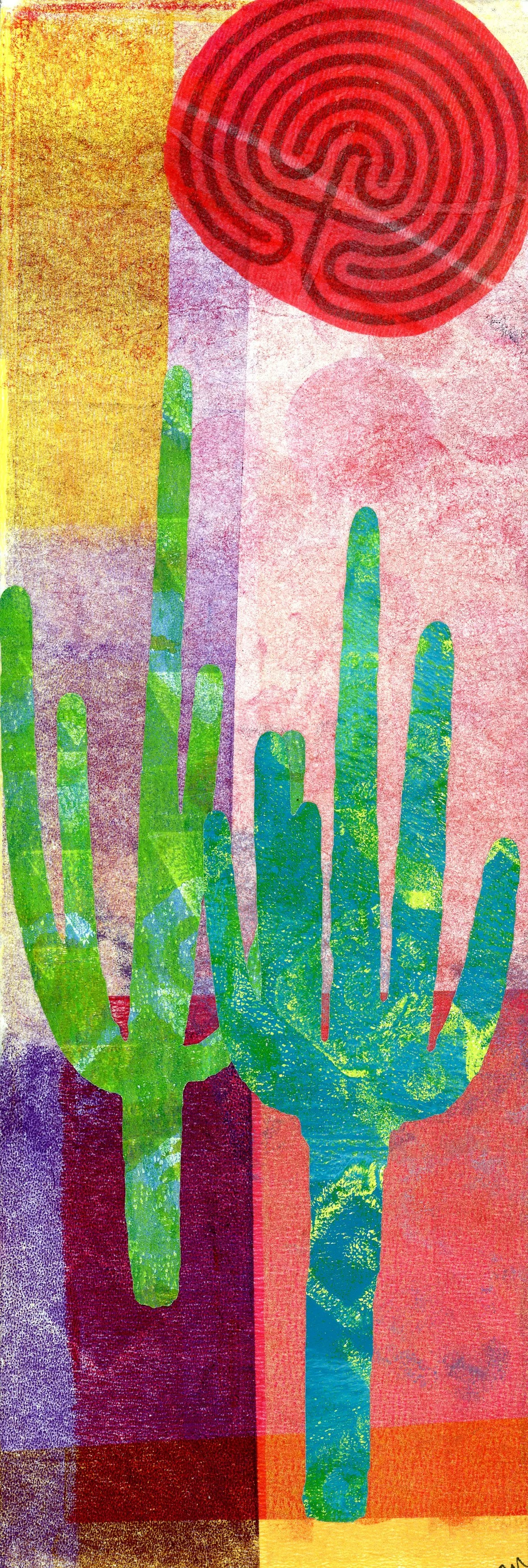 Stalwart Saguaros No 4 with red labyrinth_collage on wood panel_4 by 12 inches_2025_002.jpg