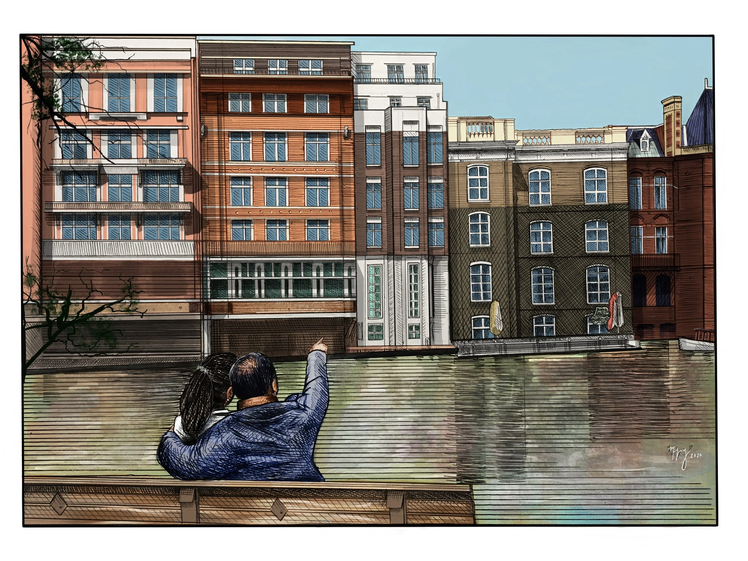 "Amsterdam," 2022. Drawn with micron pens, scanned and coloured on Procreate.