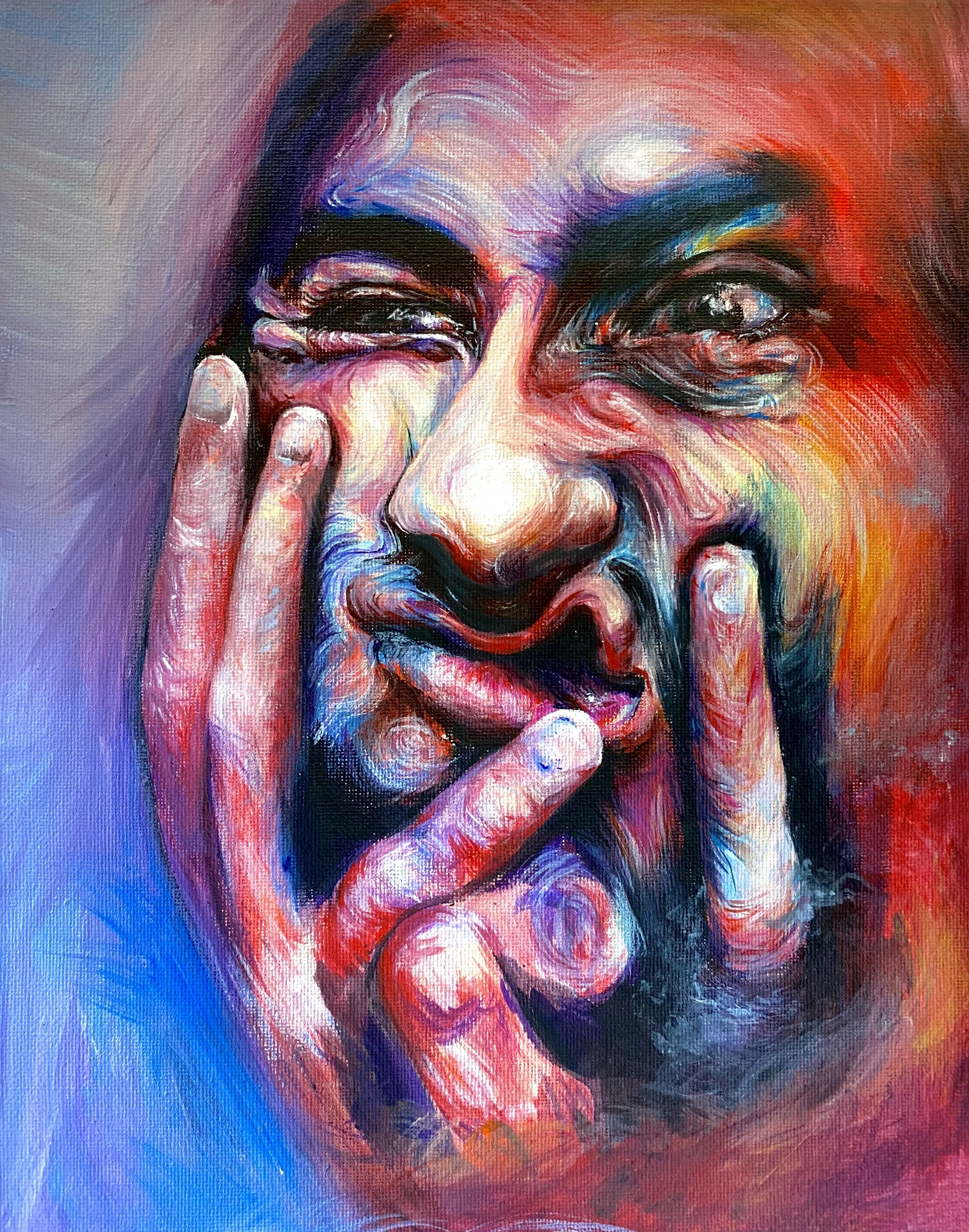 Master study, 2021. Based off of "Self Portrait V," a painting by Greek artist Nikos Gyftakis, created in 2005. Painted using acrylic paint.