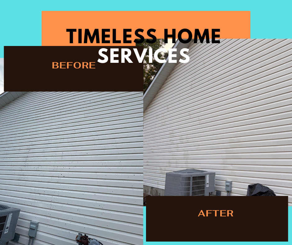 Comparison of house siding before and after power washing, showing cleaner and brighter siding in the after image.