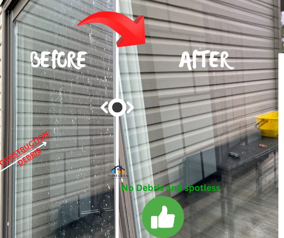 Comparison of a dirty, debris-covered glass door labeled 'Before' with a clean, spotless glass door labeled 'After', showing a cleaning transformation.