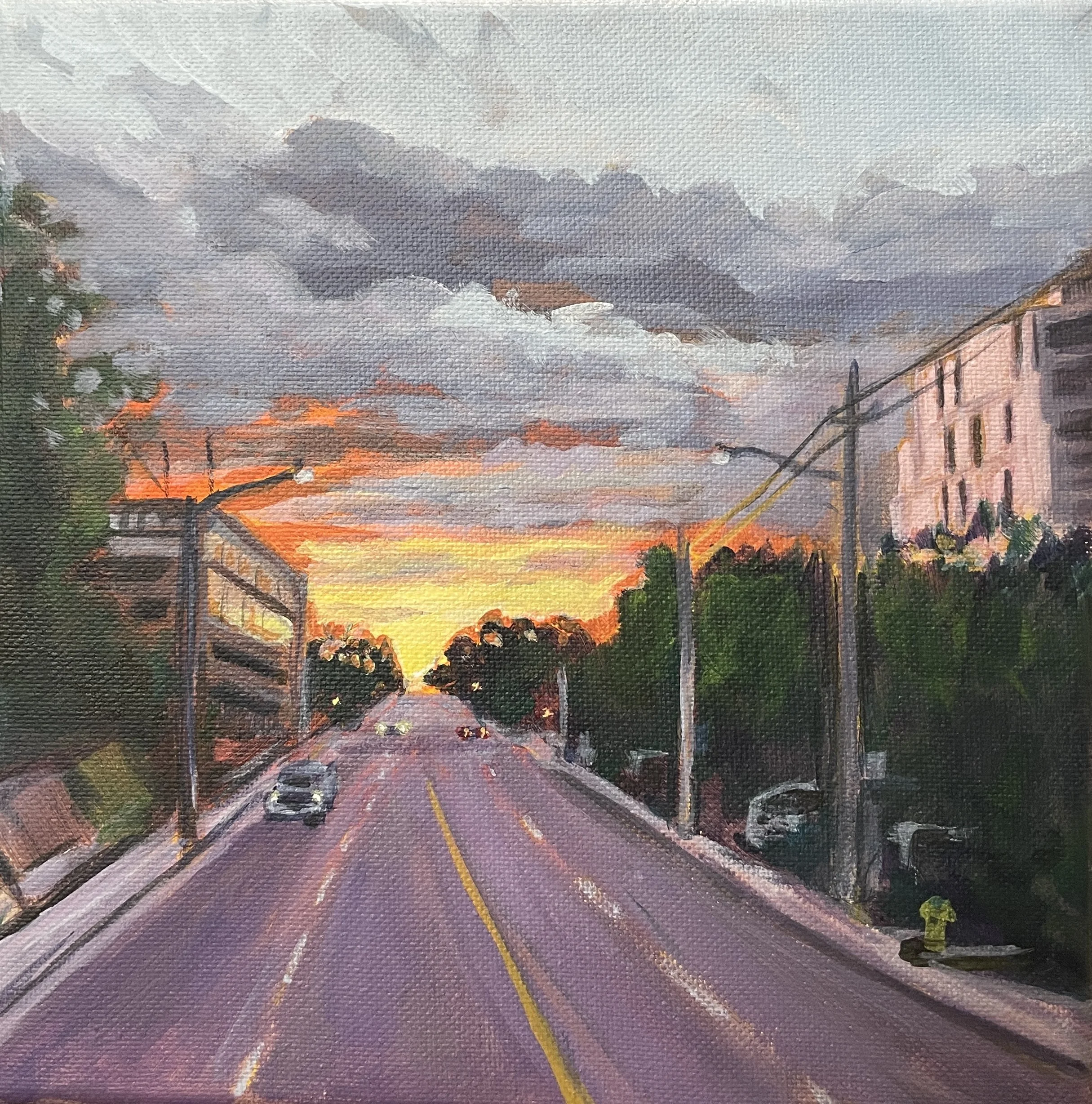Sunrise Over Lawrence Ave.  
8 x 8", acrylic on stretched canvas  
$80, unframed