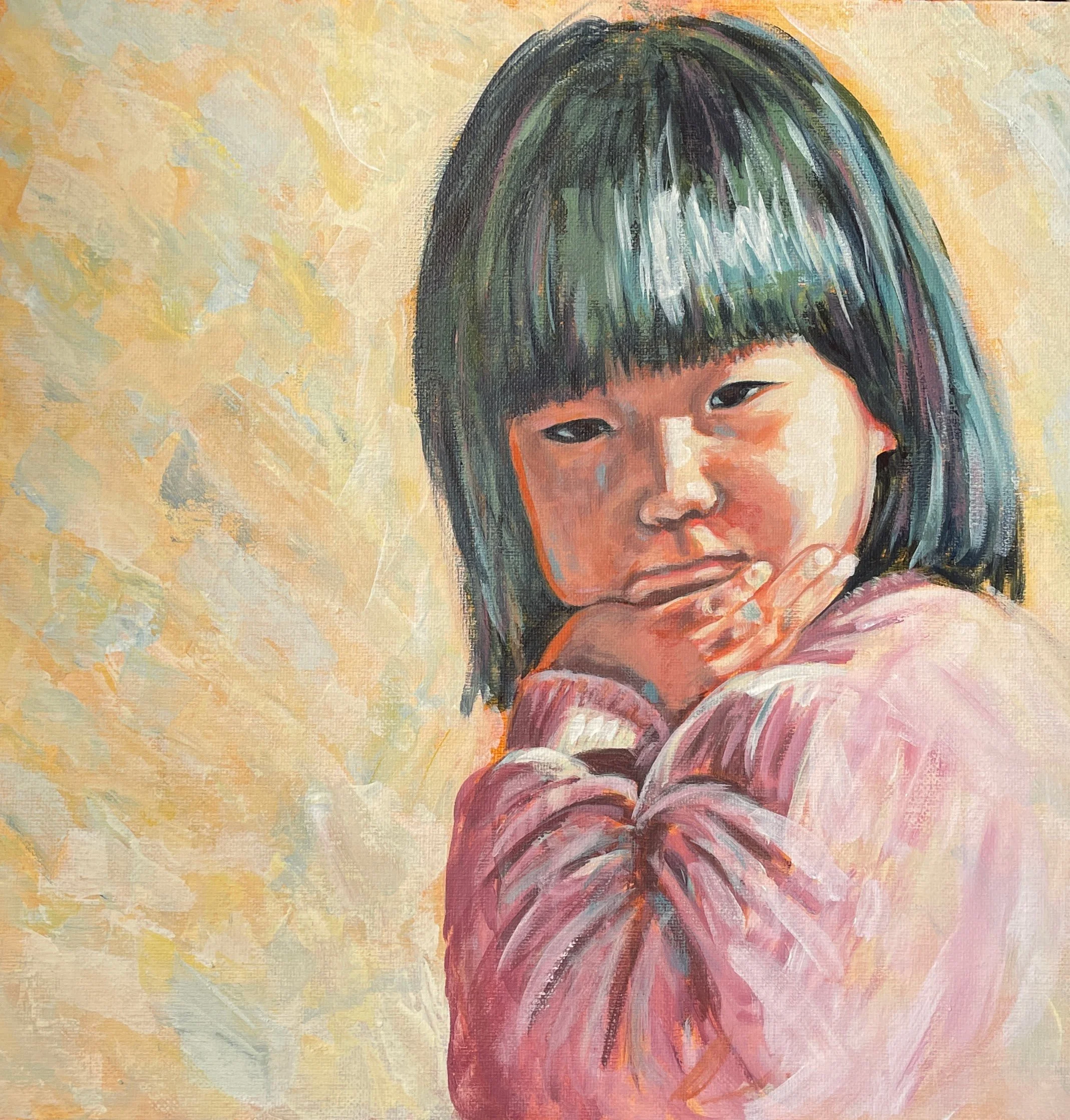 A Thoughtful Moment  
10 x 10", acrylic on paper  
created in a lesson with Acrylic University with Dianna Shyne