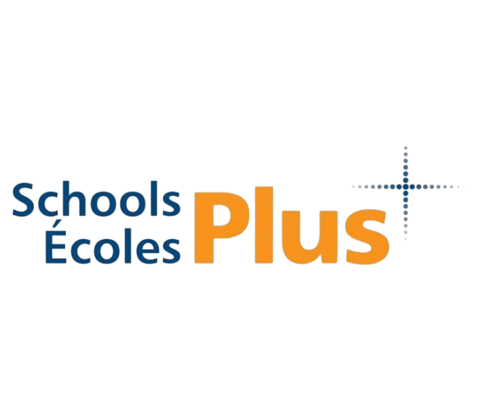 Logo for Schools Plus with text in English and French, featuring blue and orange colors and a dotted cross symbol.