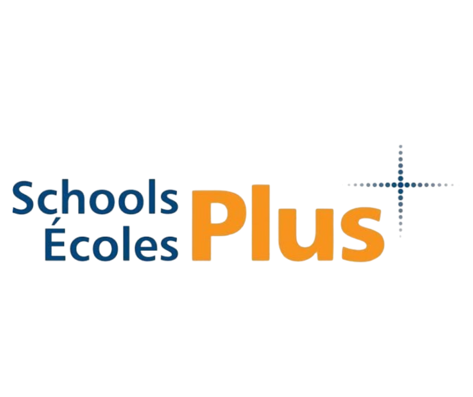 Logo for Schools Plus with text in English and French, featuring blue and orange colours and a dotted plus symbol.