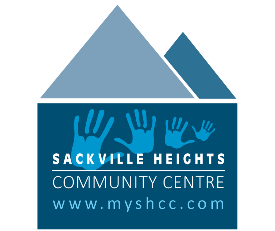 Logo of Sackville Heights Community Centre with stylized blue hands and pyramid shapes above it, and website www.myshcc.com below.