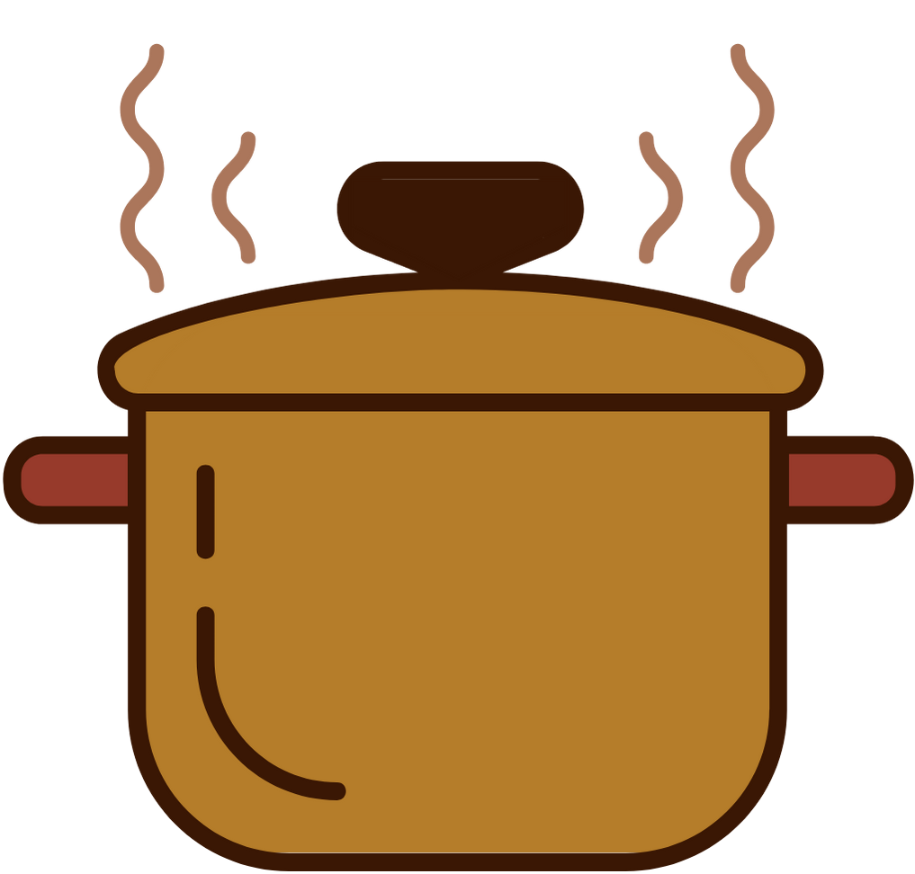 Illustration of a cooking pot on a stove with steam coming out of the lid.