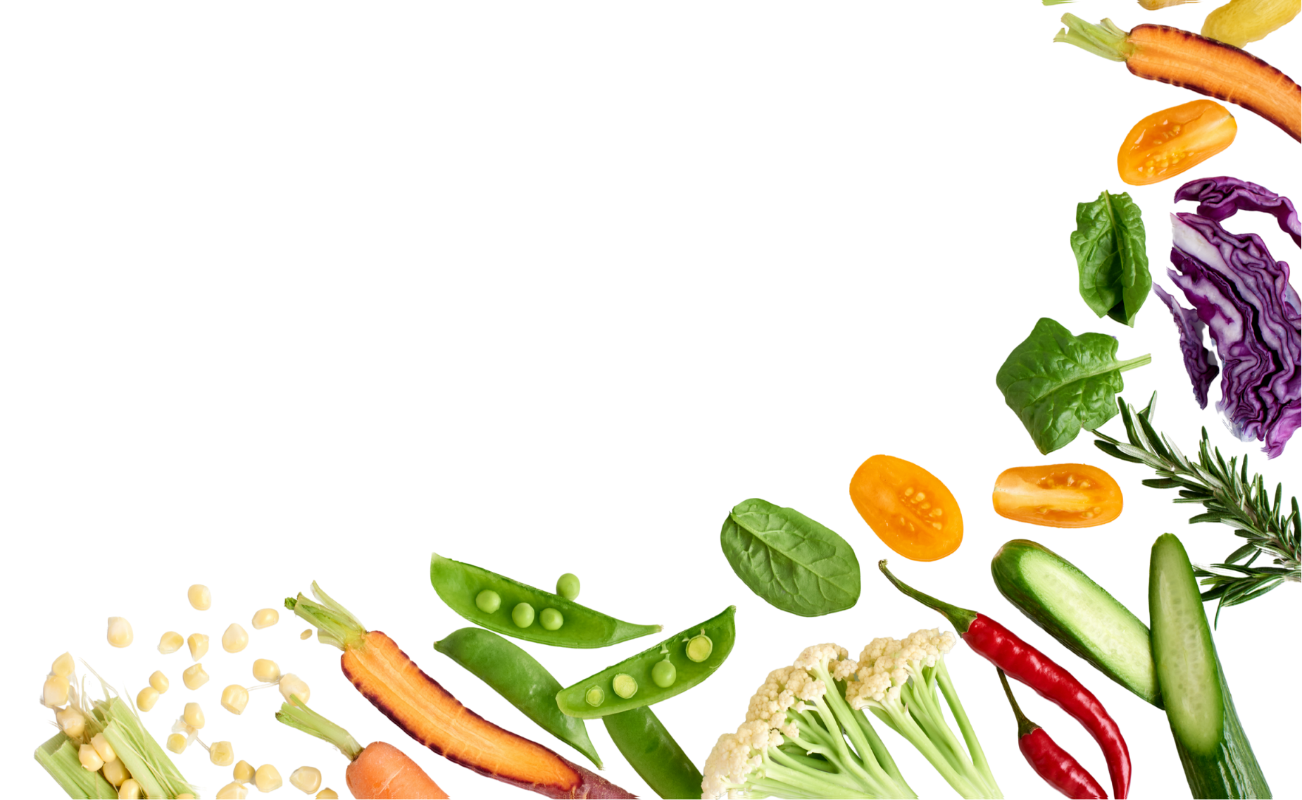 Colorful assortment of fresh vegetables arranged in a semi-circle including carrots, cherry tomatoes, snap peas, cauliflower, red chili peppers, spinach, broccoli, cucumber, purple cabbage, basil, rosemary, and yellow cherry tomatoes.