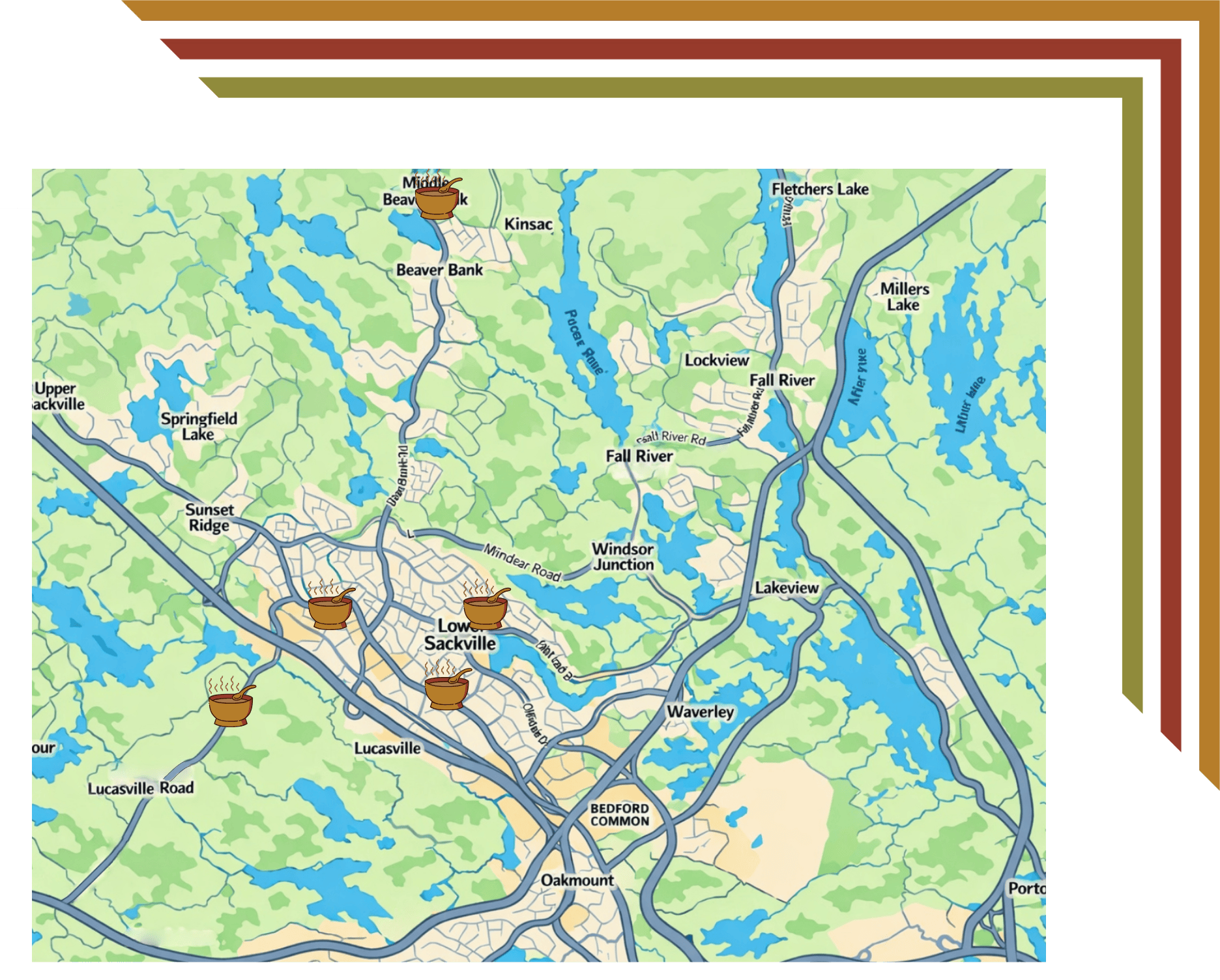A map of the Cobequid Region in Nova Scotia featuring soup-bowl symbols in the areas where a community freezer is present.