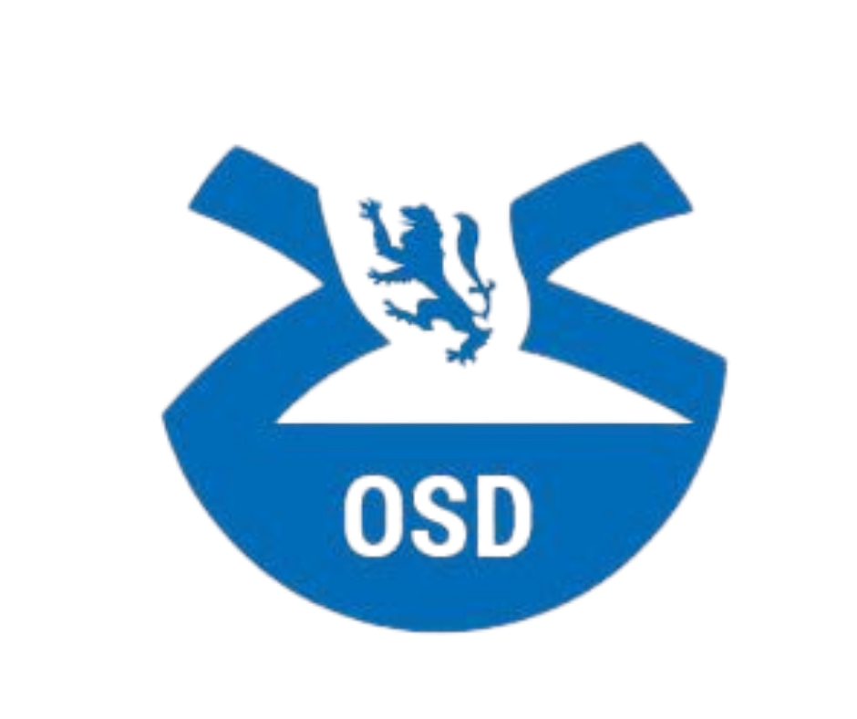 A blue shield with a torn top and the letters 'OSD' at the bottom, featuring a stylized lion in the centre.