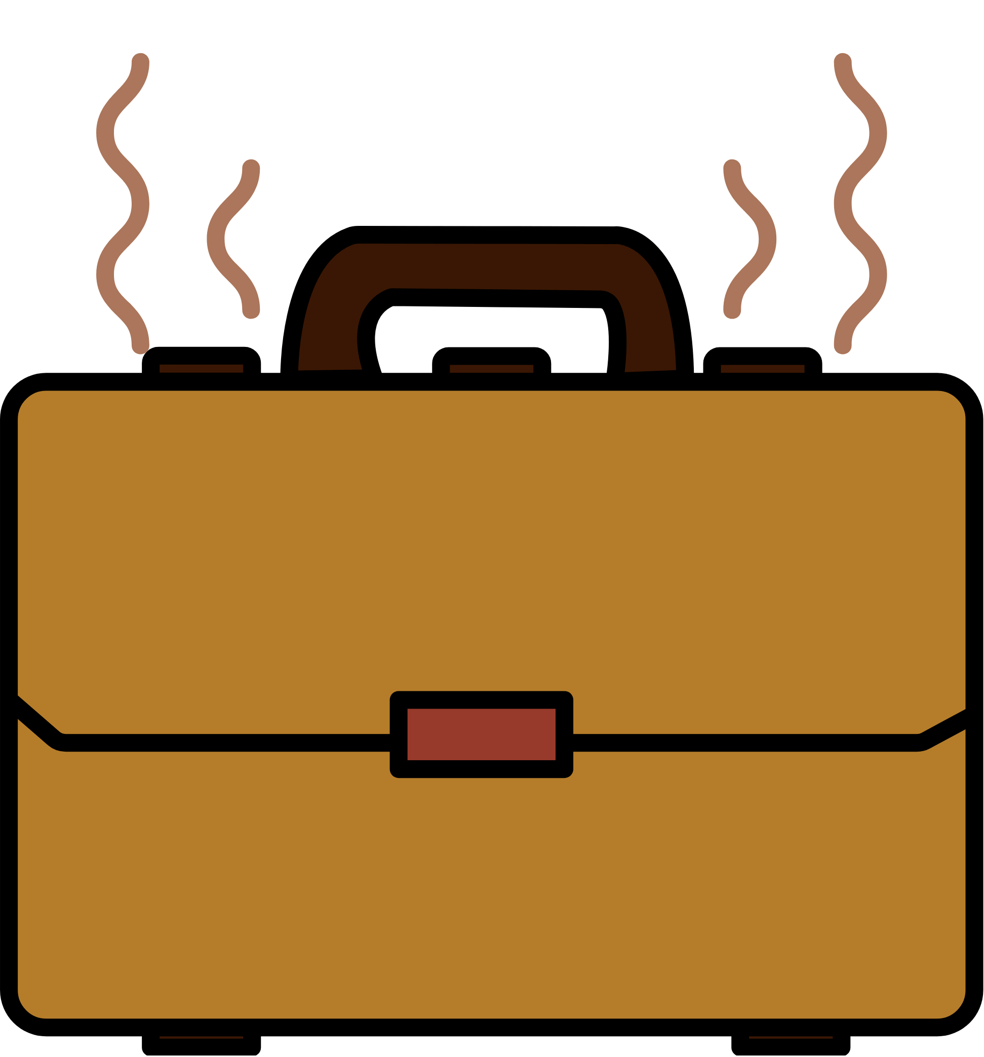A cartoon illustration of a steaming brown briefcase with a black latch, viewed from the front.