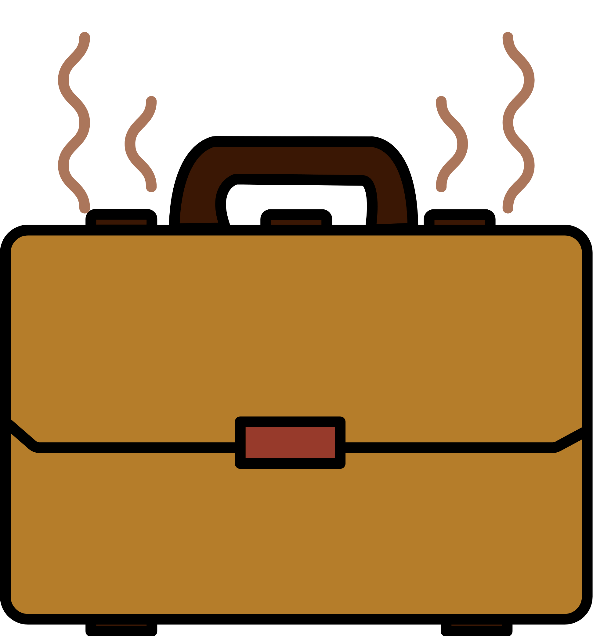 A cartoon illustration of a steaming brown briefcase with a black latch, viewed from the front.
