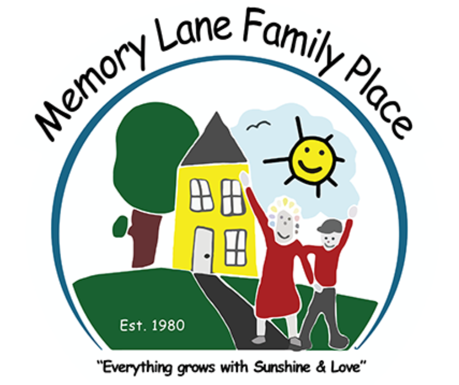 Logo for Memory Lane Family Place with a yellow house, two children (a girl and a boy) holding hands, a tree, a smiling sun, and blue skies. Text reads "Memory Lane Family Place," "Est. 1980," and "Everything grows with Sunshine & Love."