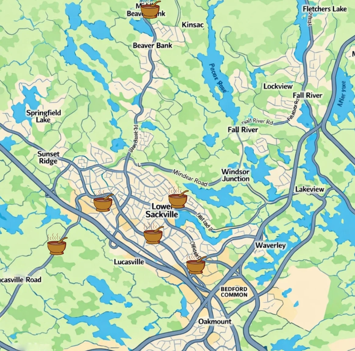 Map of a region around Louisville, Kentucky, showing lakes, highways, and towns, with several icons of hot bowls of food with steam indicating places related to food or restaurants.