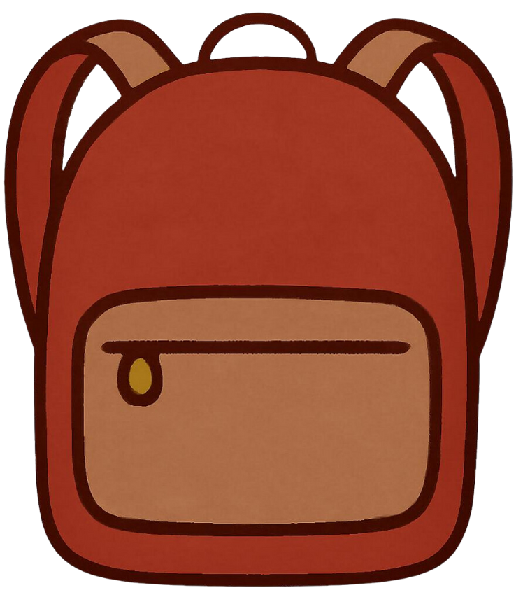 A cartoon illustration of a red backpack with a front zipper pocket, a handle on top, and two shoulder straps.
