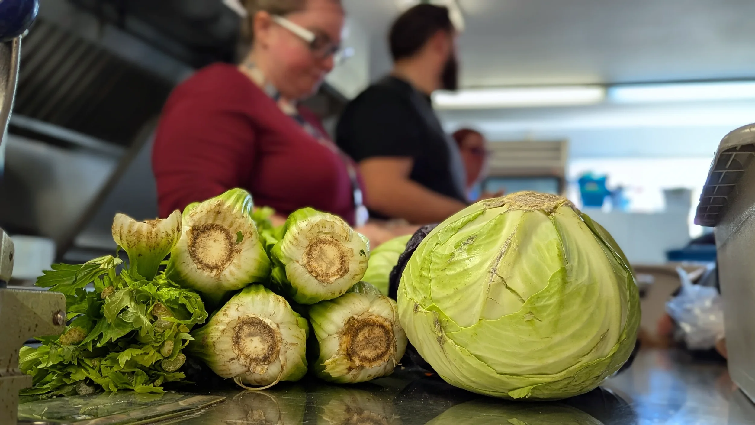 Fresh vegetables, including a whole cabbage, trimmed celery, and fennel, on a kitchen counter with blurred people in the background.
