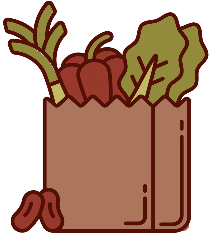 A paper bag filled with vegetables, including carrots, lettuce, and possibly zucchini.