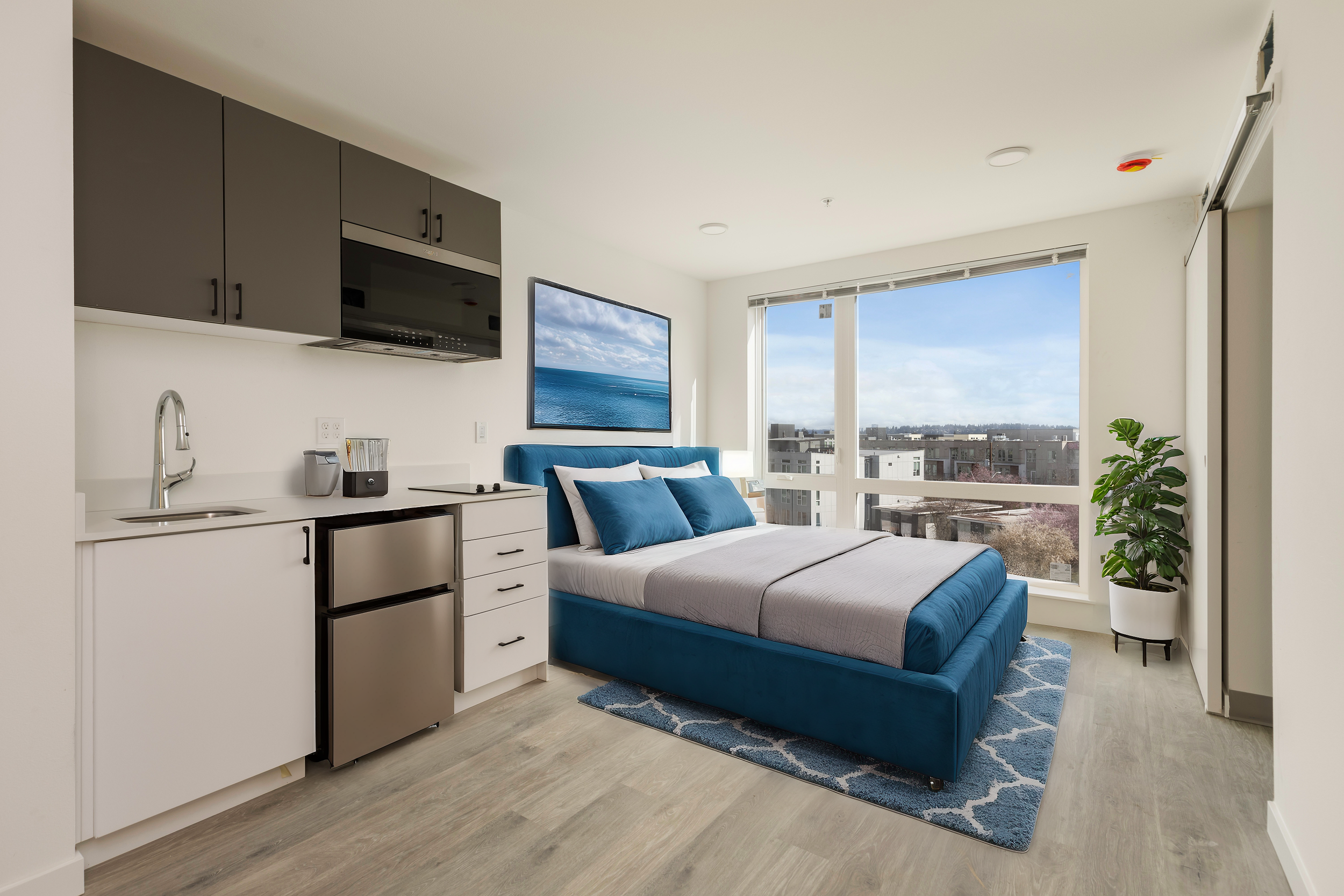 Modern studio apartment with kitchenette, bed, large window, and city view; includes a potted plant and ocean artwork on the wall.