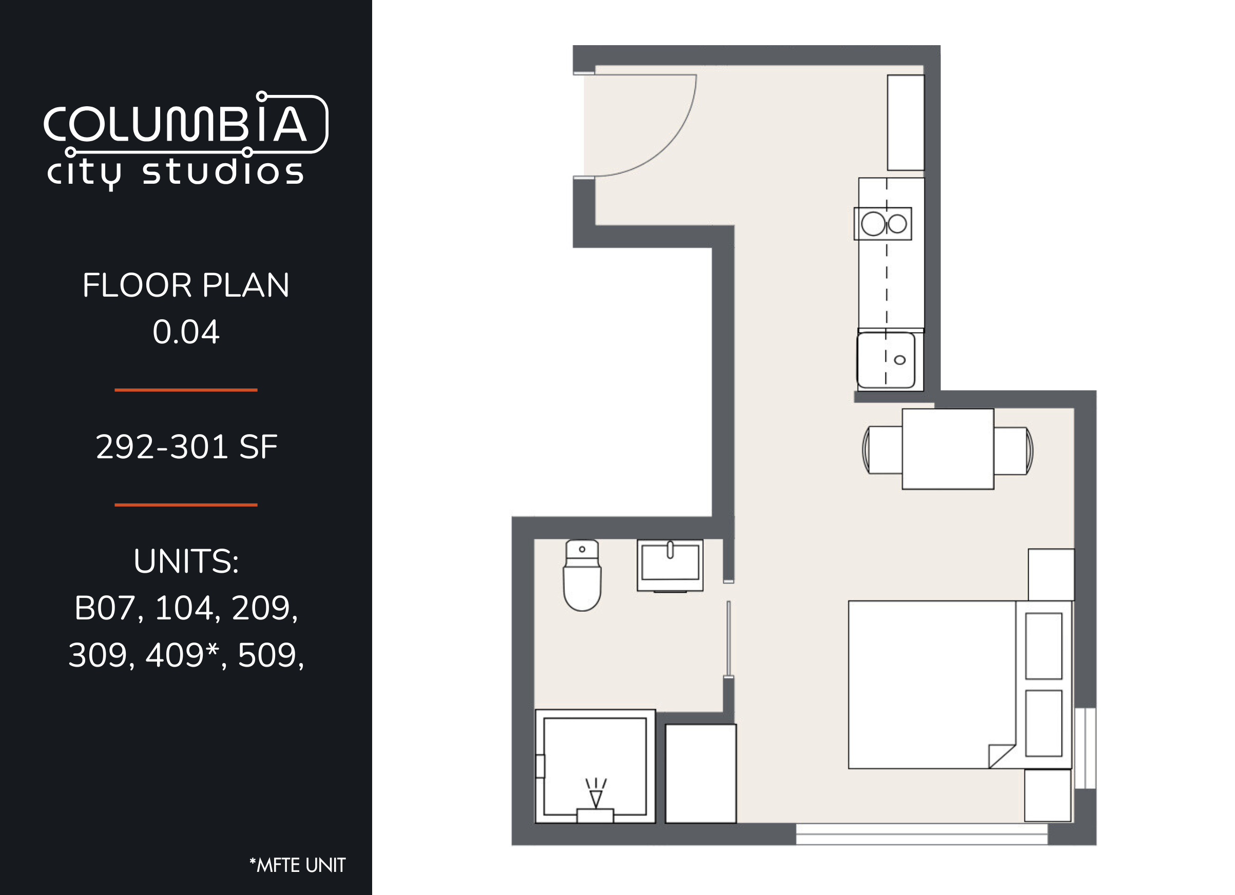 Studio apartment floor plan with kitchen, bathroom, living/sleeping area. Units range from 292-301 square feet. Part of Columbia City Studios complex, plan 0.04.