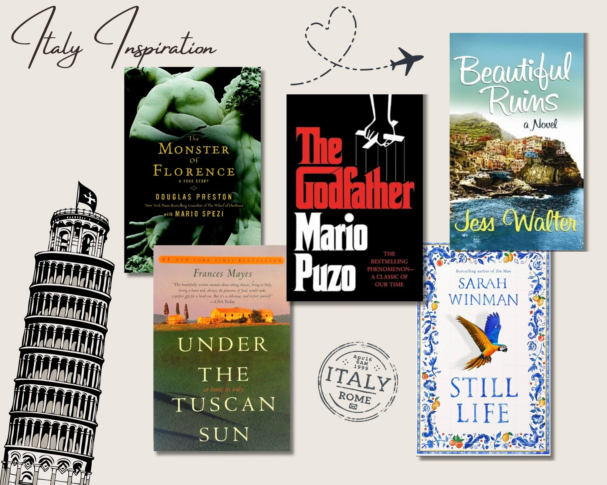 Collage of Books Set in Italy with Tower of Pisa and passport stamp