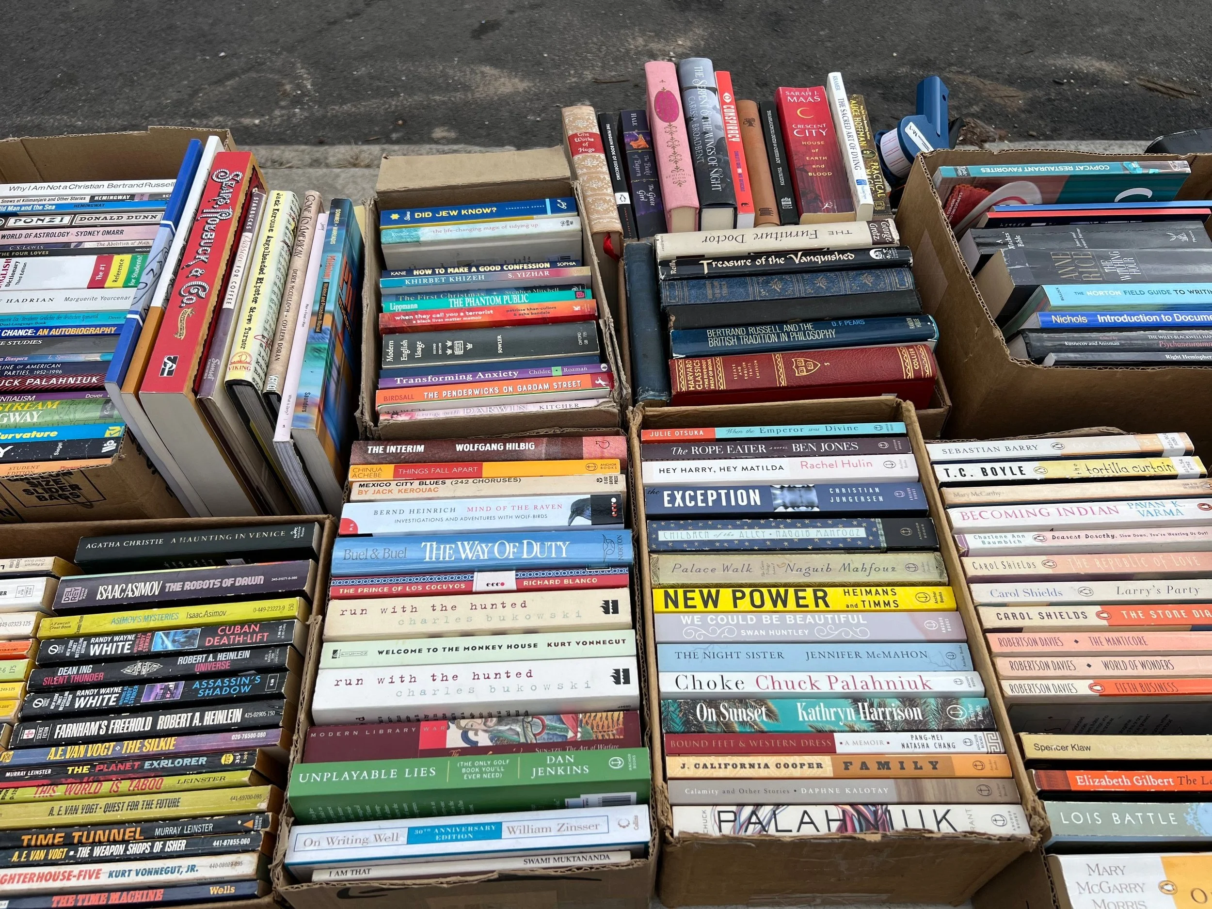 Boxes of books at Morningside Park Book Market in NYC