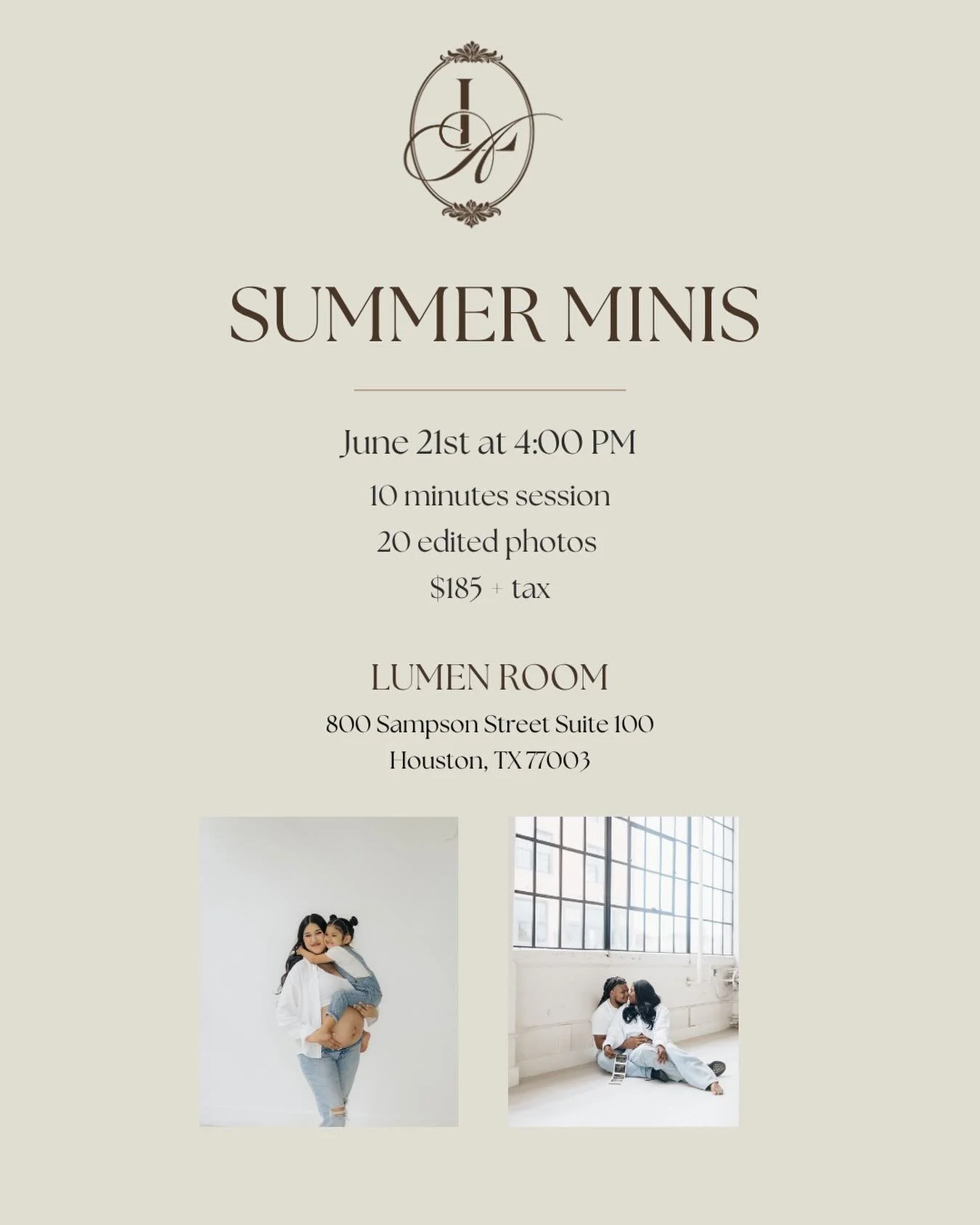 SUMMER STUDIO MINIS ARE HERE! ☀️ A simple way to capture this season. Perfect for families, couples, maternity, or just because. 🤍
These limited summer mini sessions will take place in a studio and are designed to be fun, relaxed, and full of beauti