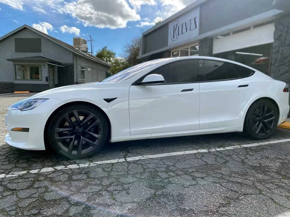 White Tesla Model 3 with window tinting and PPF by Reeves Window Tinting in Redding, CA