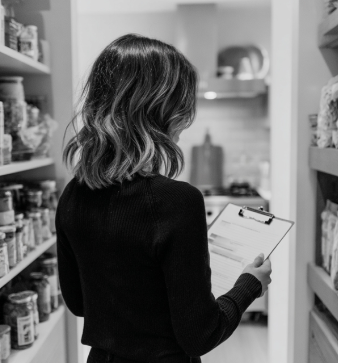 Woman with shoulder-length wavy hair reading a clipboard in a grocery store aisle with shelves of canned goods.