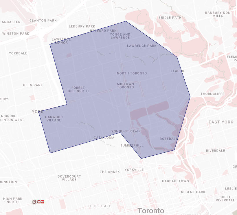 A map showing the neighborhood boundaries of Toronto, with a region shaded in blue outlining areas like North Toronto, Midtown Toronto, Leaside, Forest Hill North, and others.