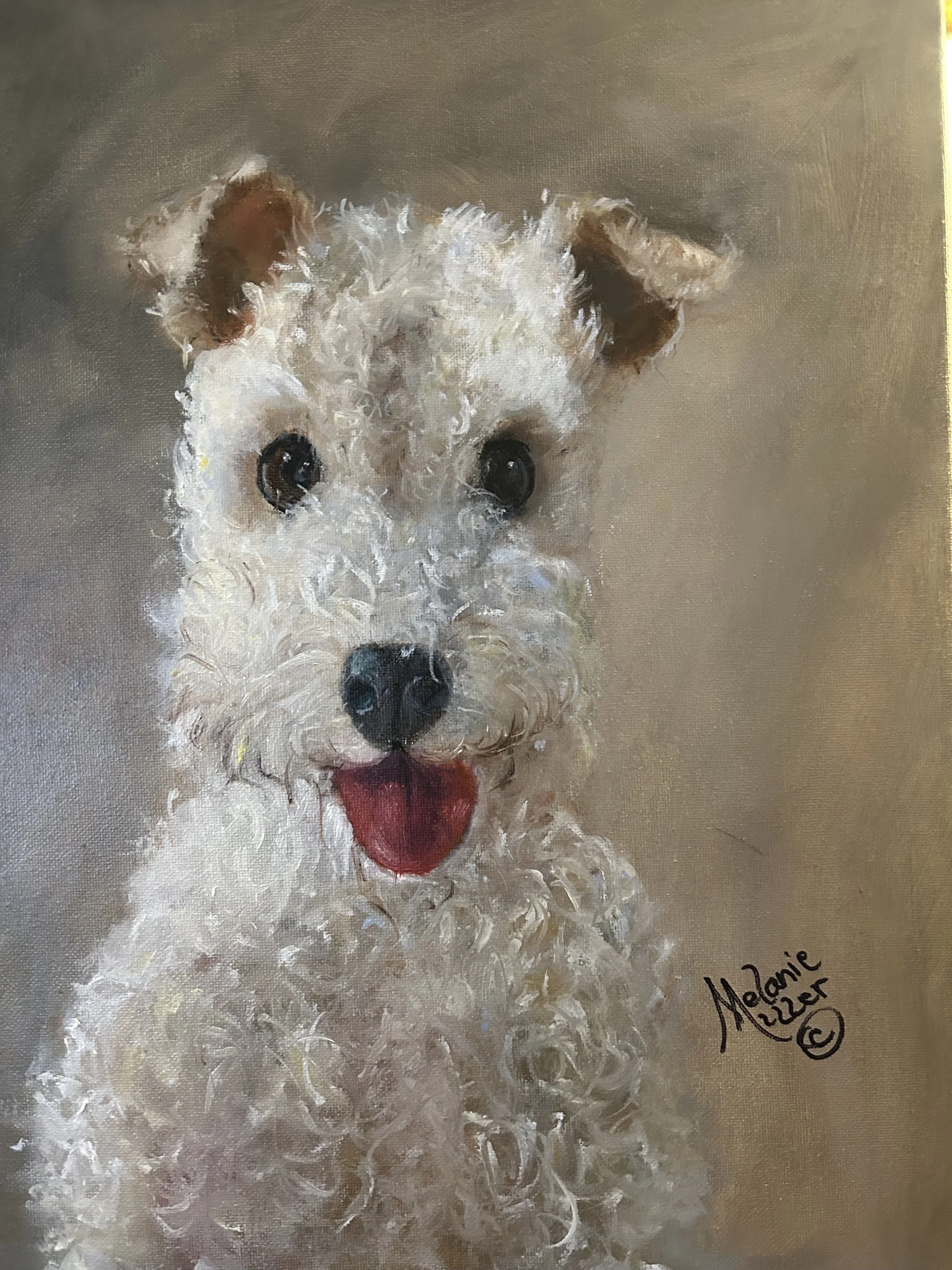 Meet Marcie, the perky-eared Fox terrier with a smile big enough to light up the whole room. This 12"x16" oil on canvas captures her joyful, tongue out charm and that irresistible terrier sparkle in her eyes.