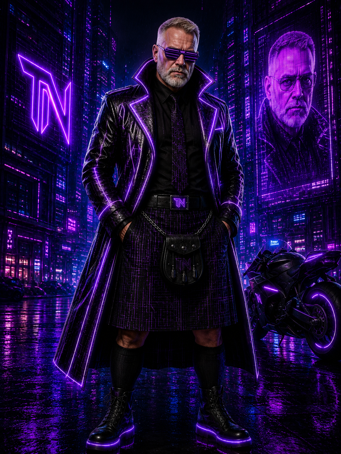 A man in a shiny black trench coat with purple neon outlines, wearing sunglasses, standing in a futuristic cityscape with neon lights, a motorcycle, and digital billboards, with his hands in his pockets.