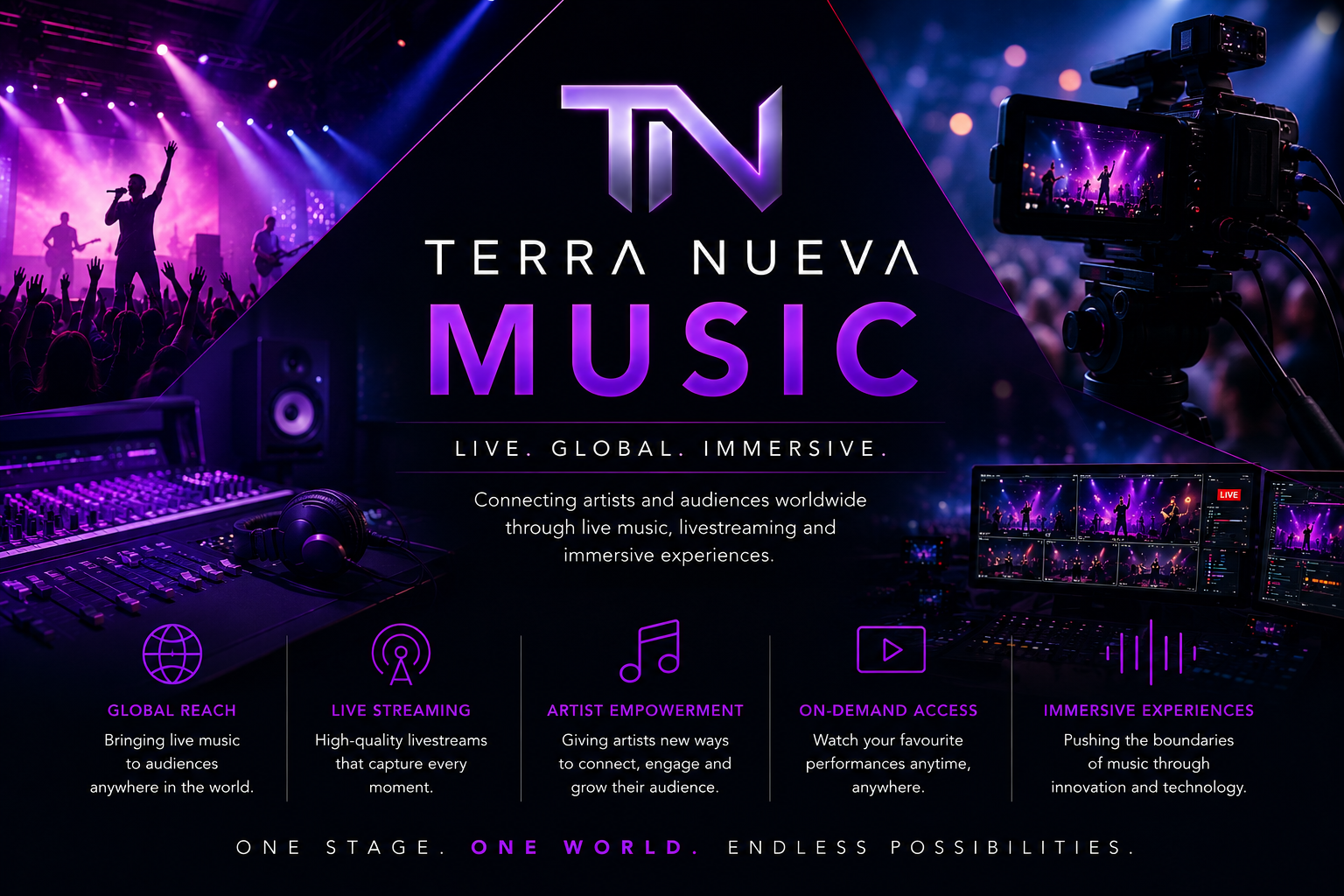 Promo image for Terra Nueve Music featuring a concert stage with purple and blue lighting, a singer performing, audio and video production equipment, and the text 'Terra Nueve Music' with descriptions of live streaming, artist empowerment, on-demand access, and immersive experiences.