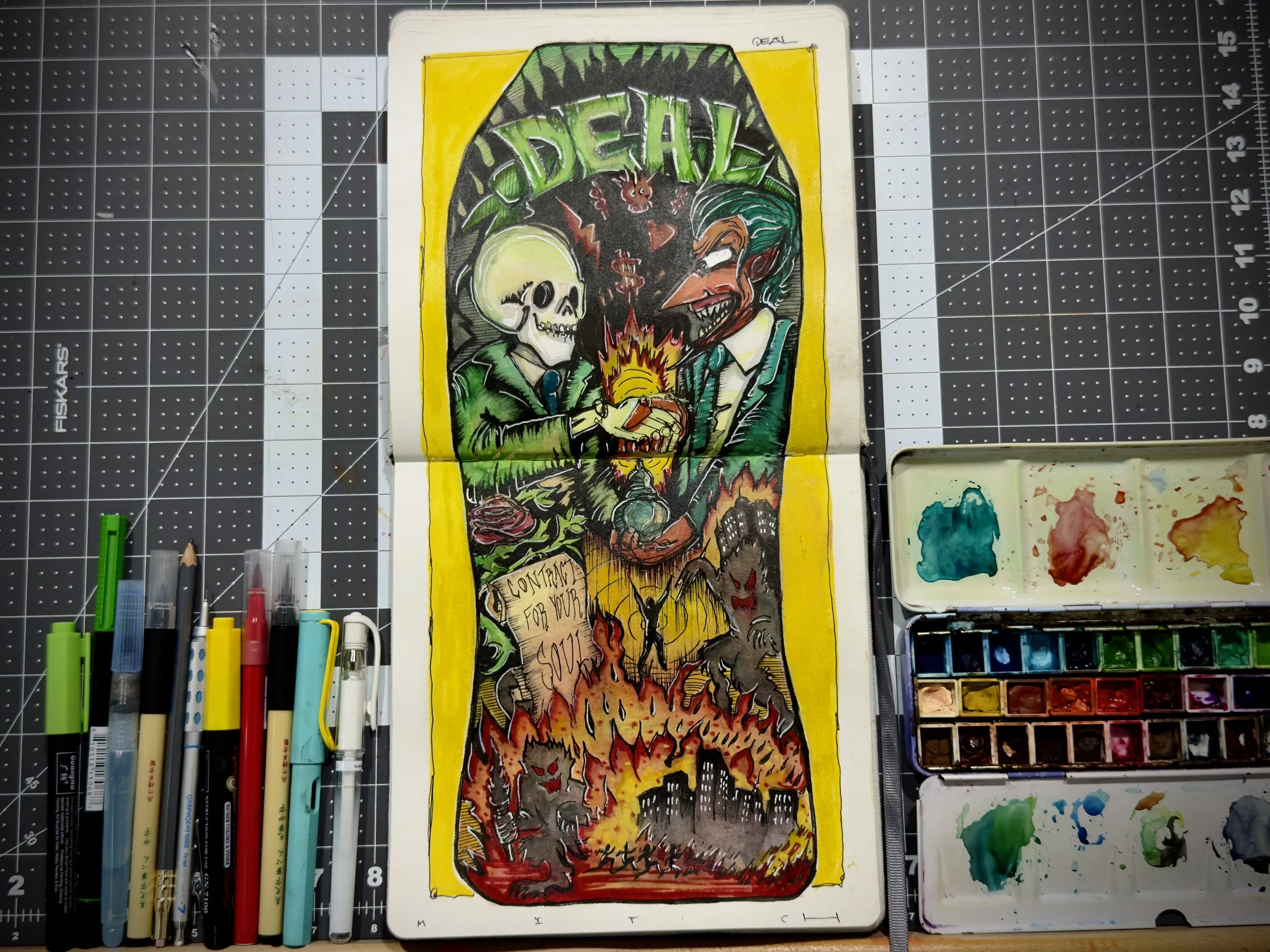 Hand-painted illustration depicting two figures, one with a skull for a face and the other with a devilish face, exchanging an object resembling a glowing heart. The background is black and green with the word "DEAL" at the top, and the scene is surr