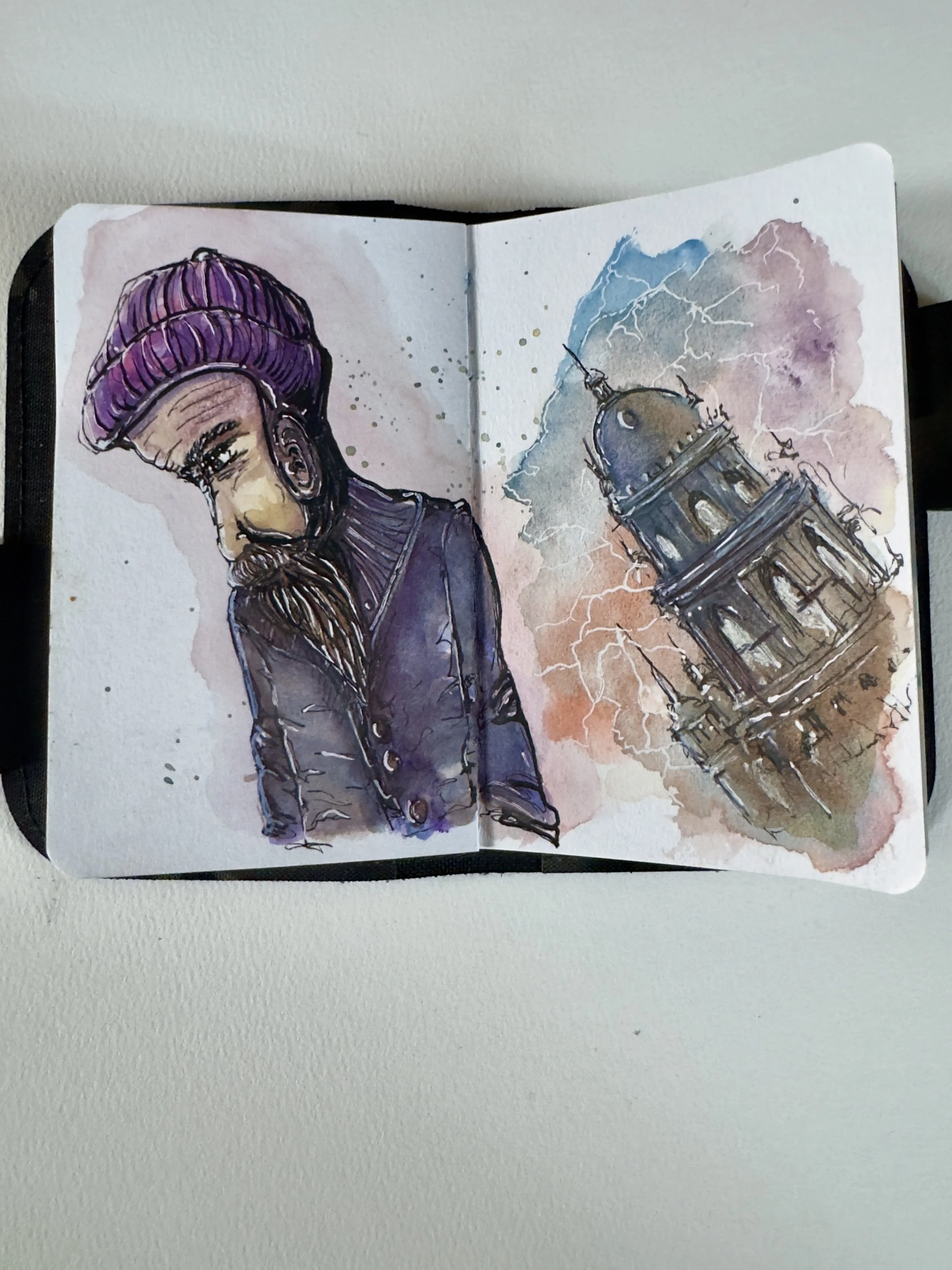 A watercolor-style illustration of a man with a beard and mustache wearing a purple beanie and dark coat, with a background of a stormy sky and a building with lightning.