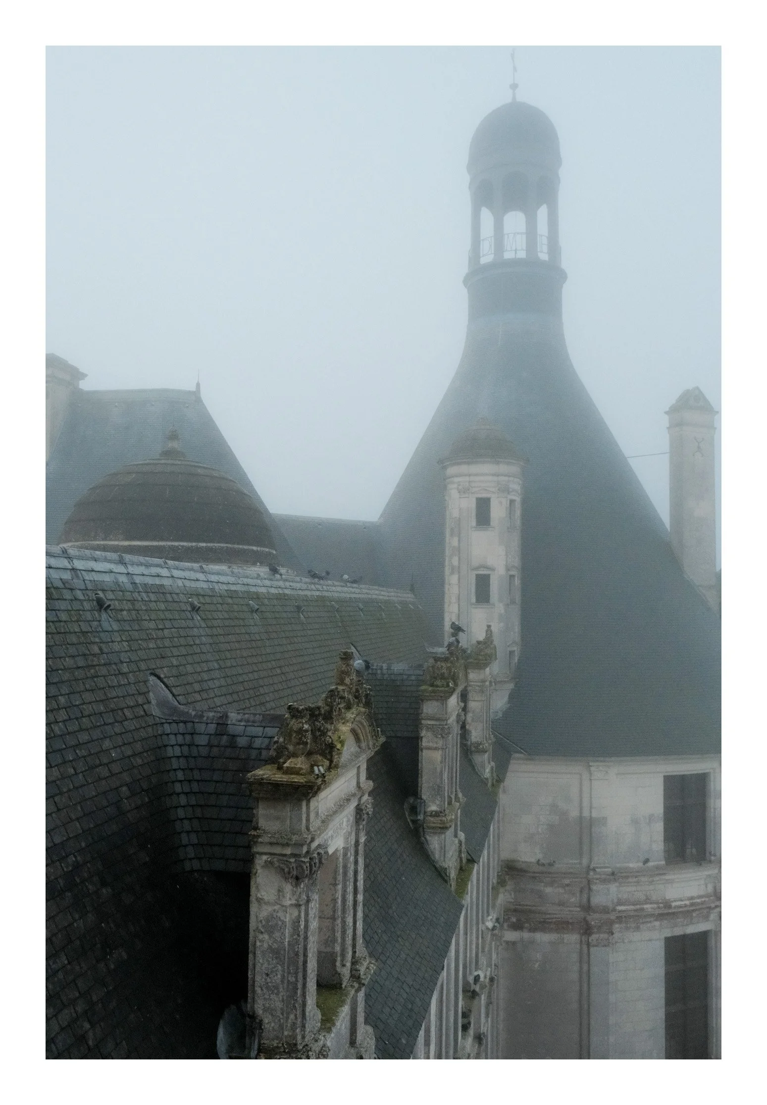 Foggy view of historic European castle or palace with ornate rooftops and a prominent tower with a domed top.