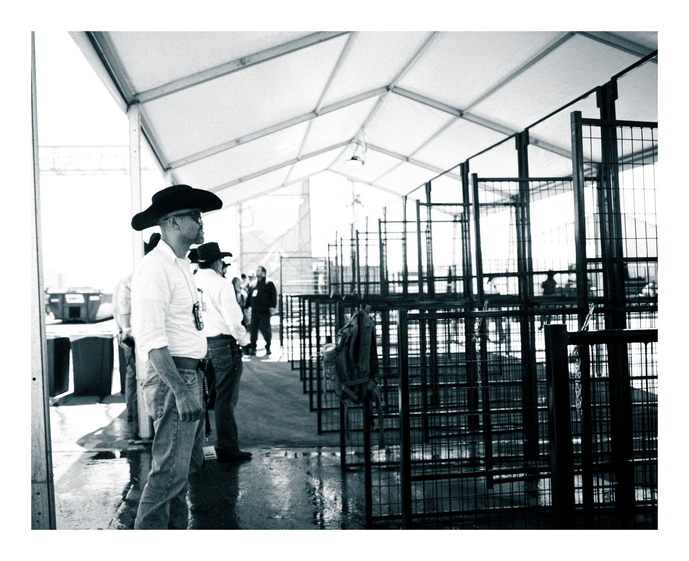 People observing cages in an indoor event, with some wearing cowboy hats and casual clothing.