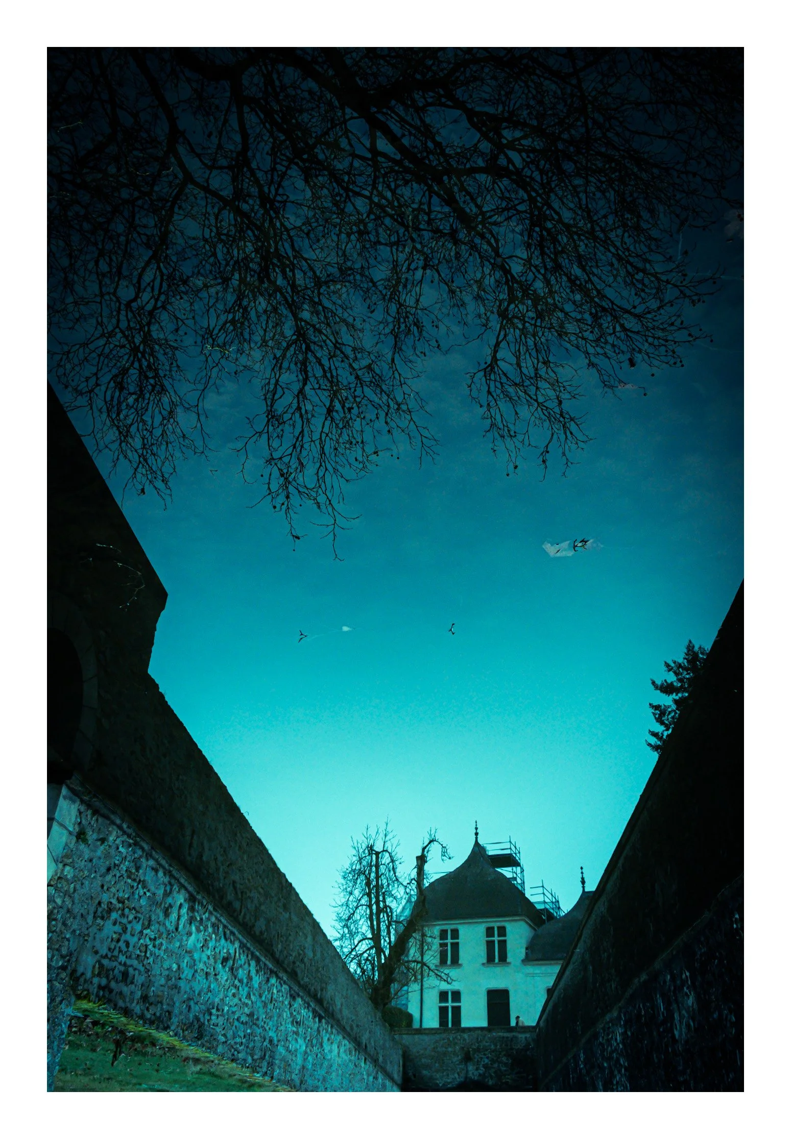 A view of the sky at dusk with bare tree branches at the top and a historic building with turrets in the background, captured from between stone walls leading up to the structure.