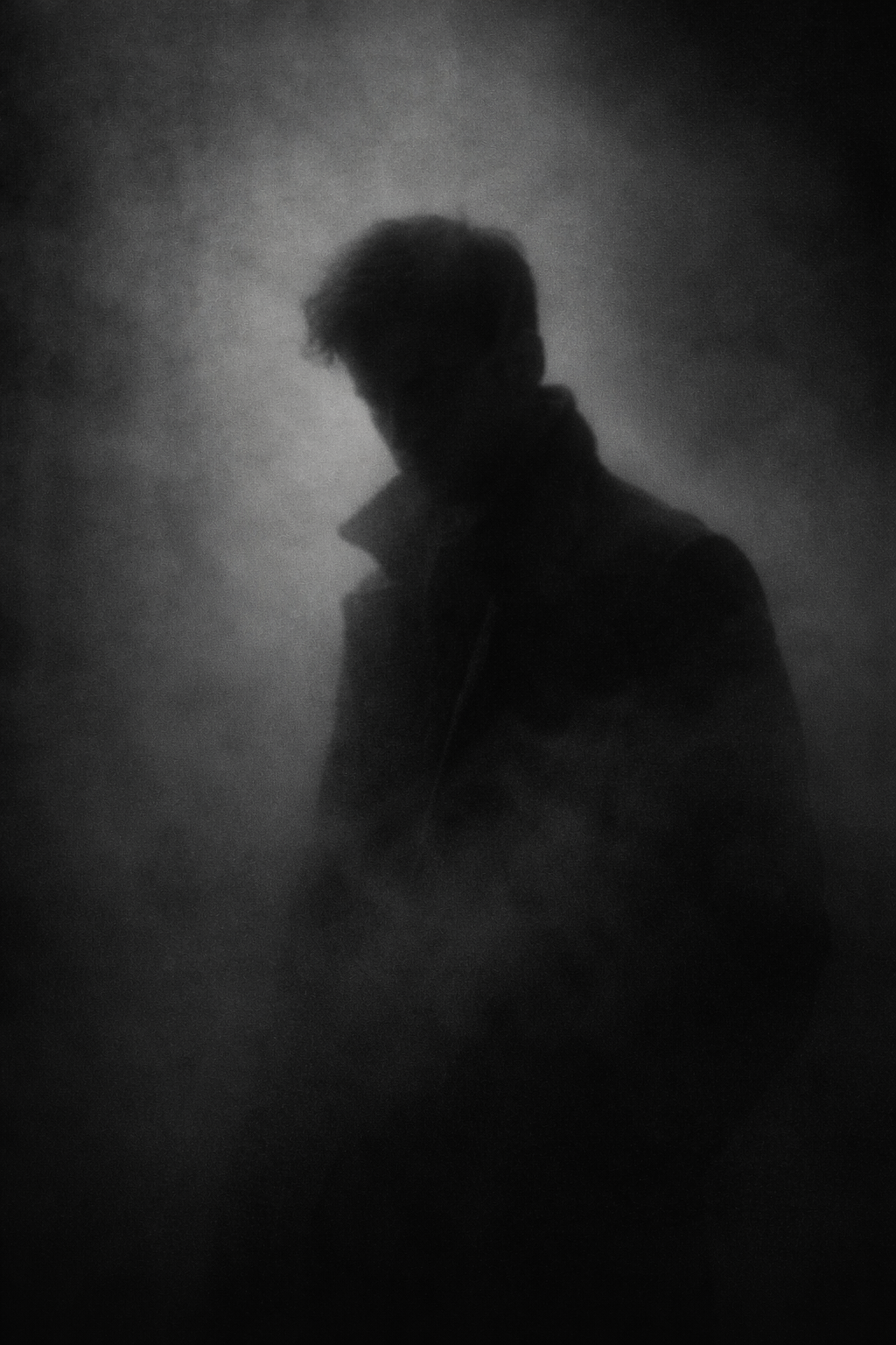 A dark, foggy scene with a silhouette of a person wearing glasses and a jacket, obscured by the mist.