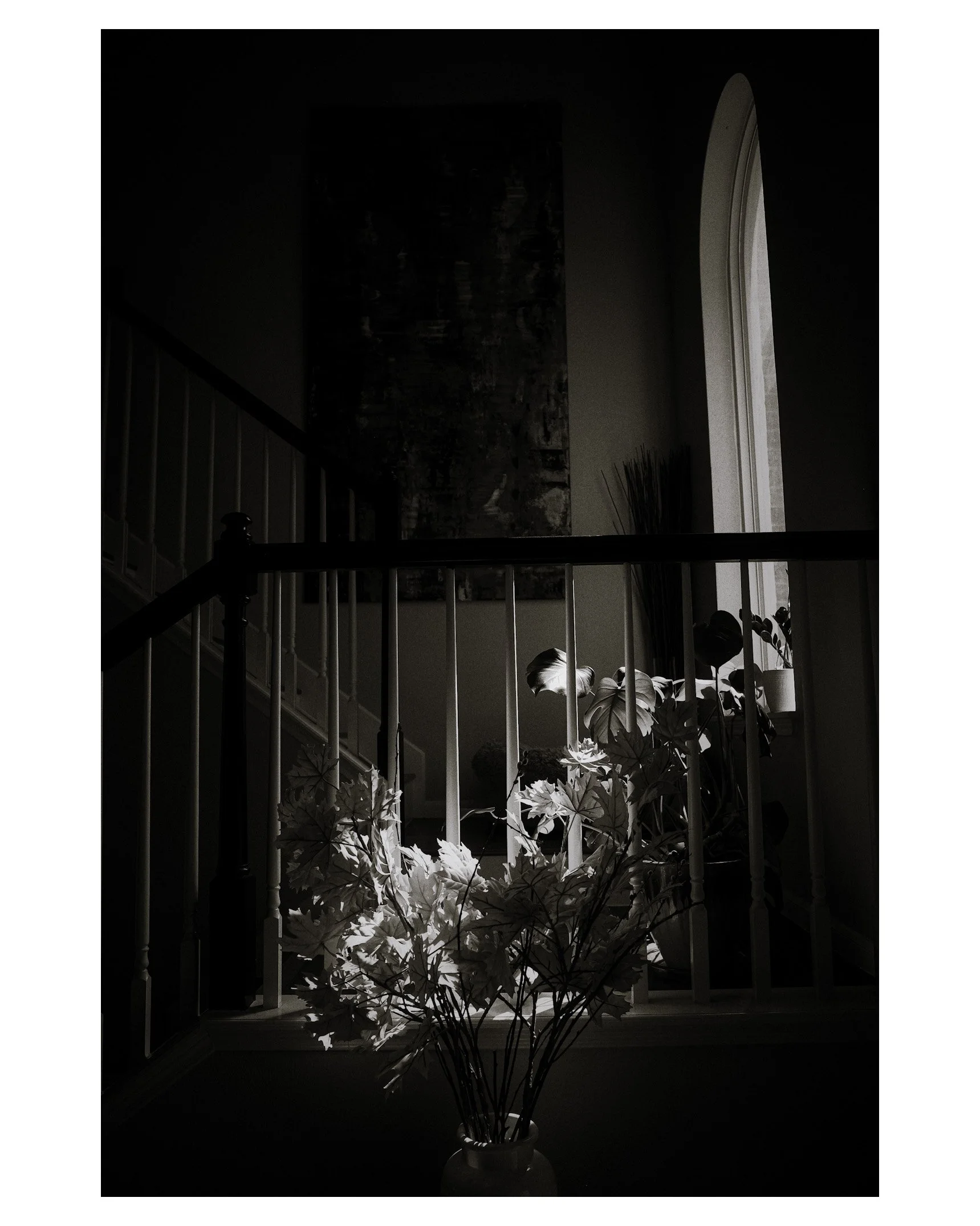 Sunlight streaming through an arched window onto a bouquet of flowers in a vase, with a staircase, artwork, and plants in a dimly lit interior.