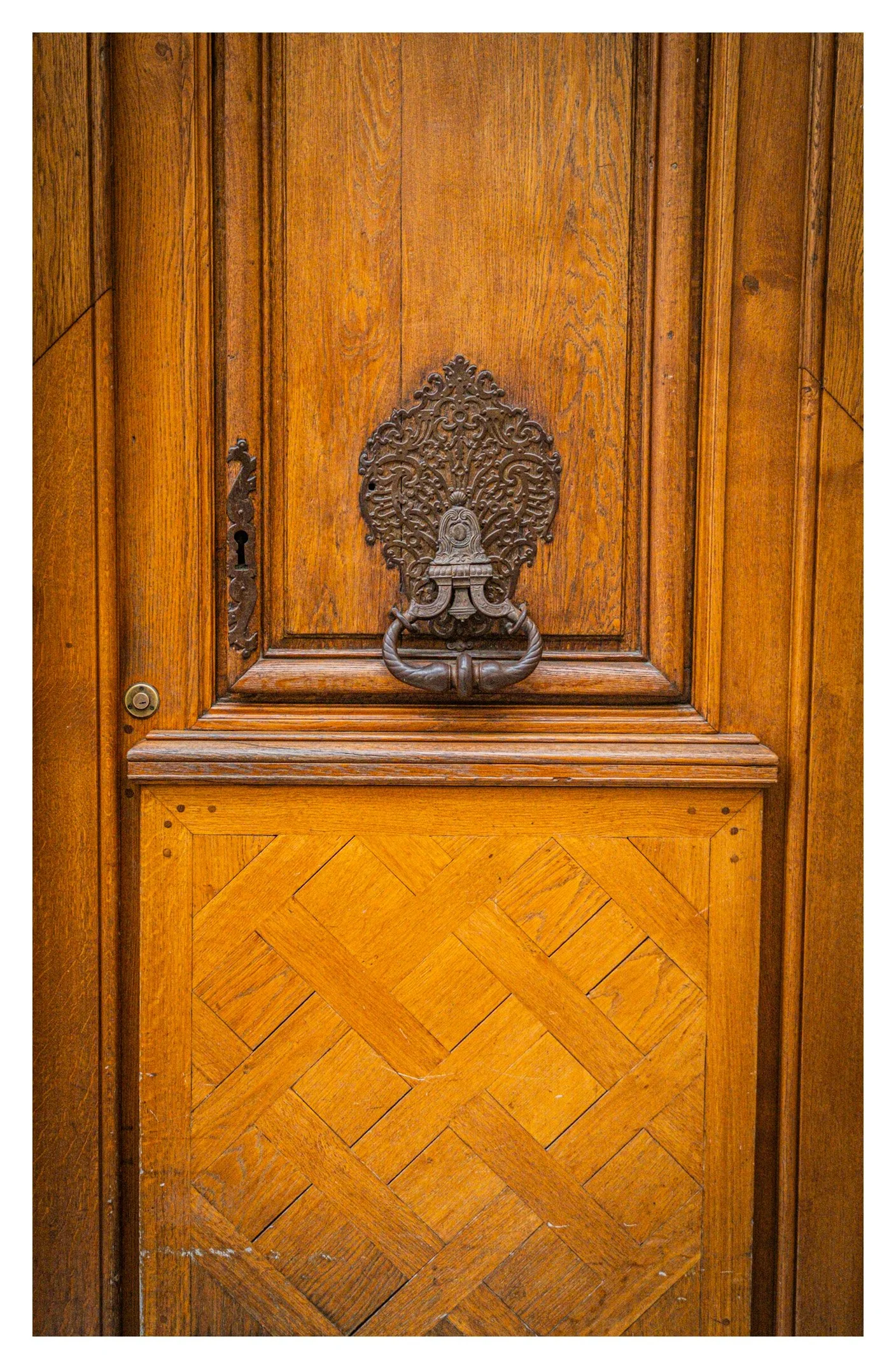 Close-up of an ornate wooden door with a vintage bronze door knocker and decorative plate.