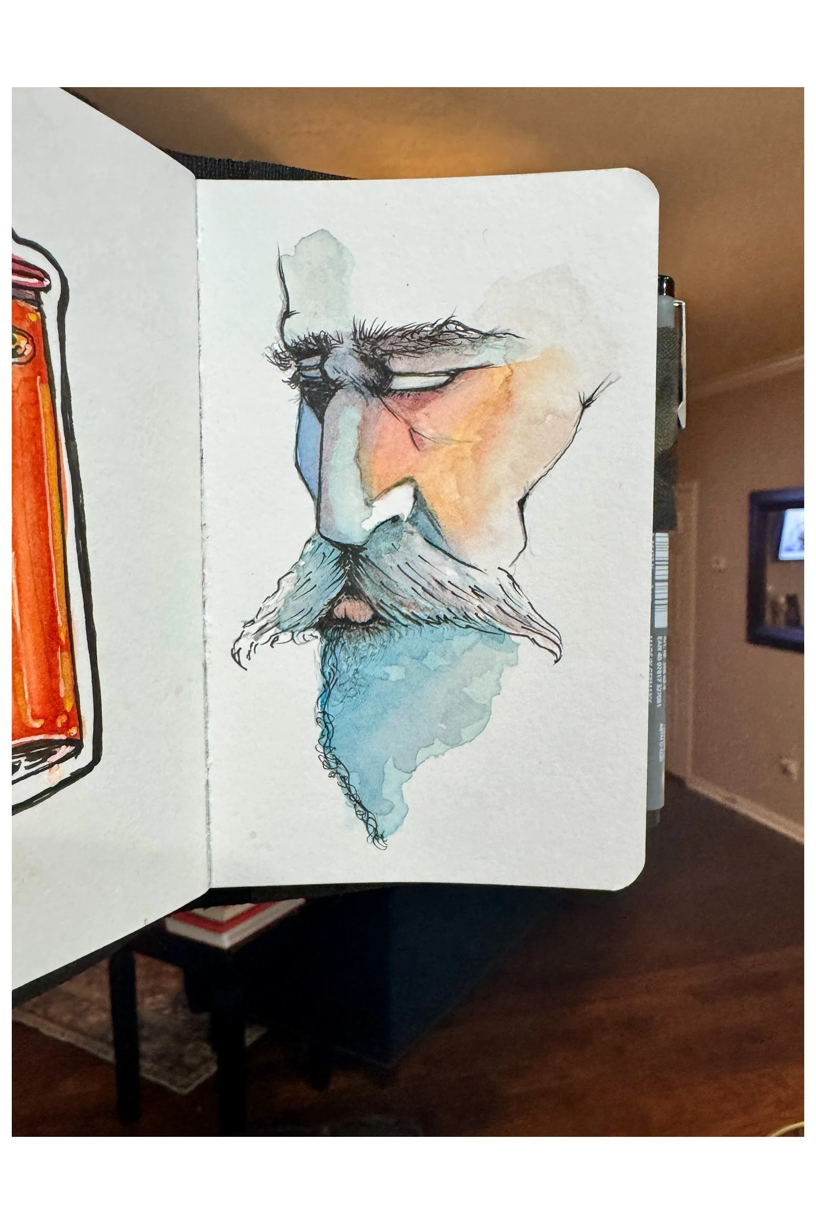 Watercolor sketch of an elderly man's face with closed eyes, gray beard, and mustache, on a white background.