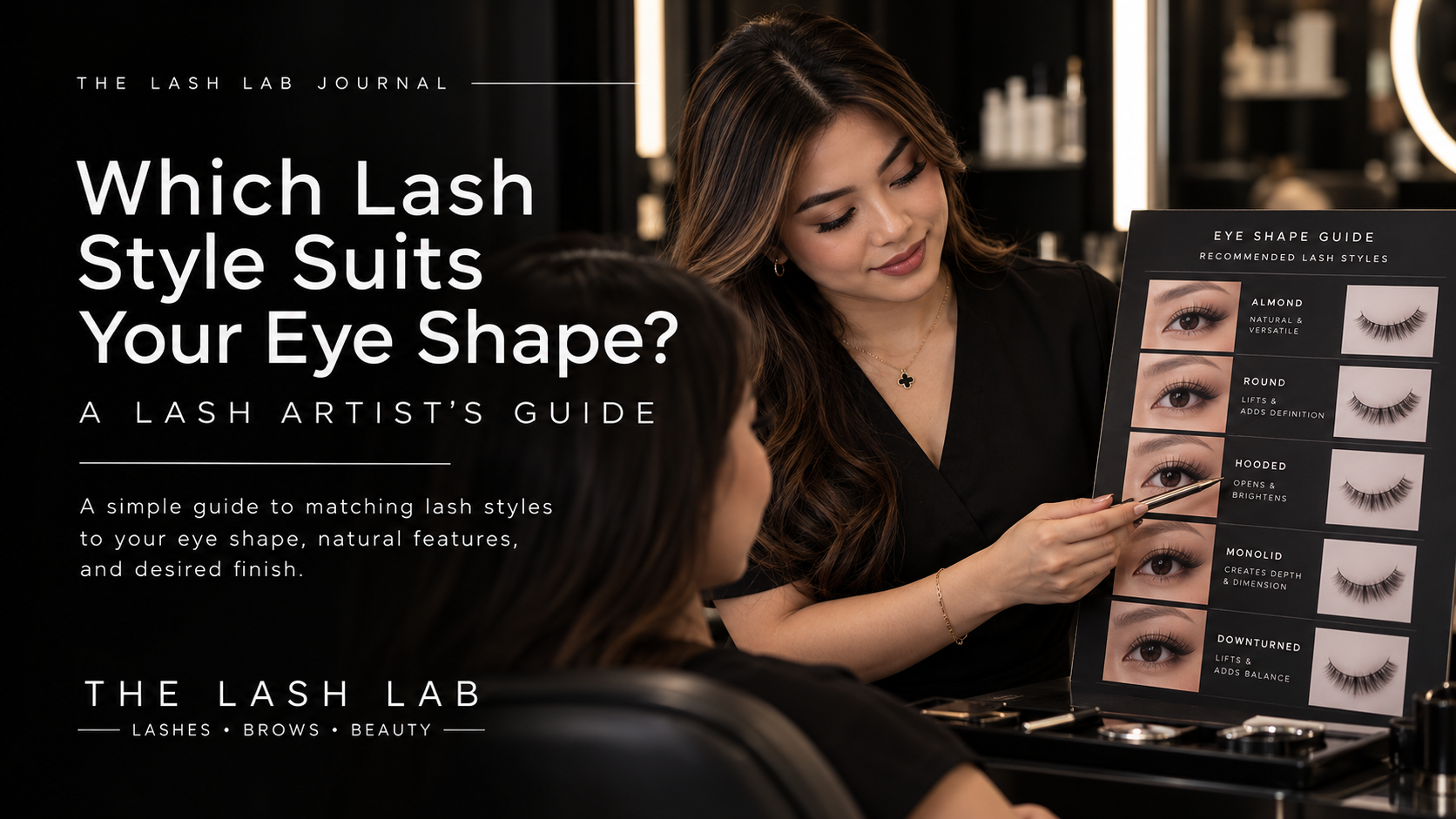 A lash artist guiding the client around the eye shapes and lash extension treatments