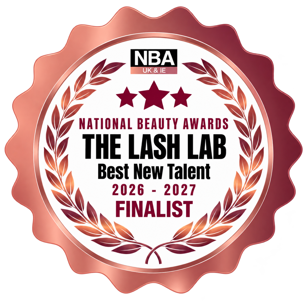 Award badge for The Lash Lab as finalists in the 2026-2027 National Beauty Awards, Best New Talent category, organized by NBA UK & I.E.