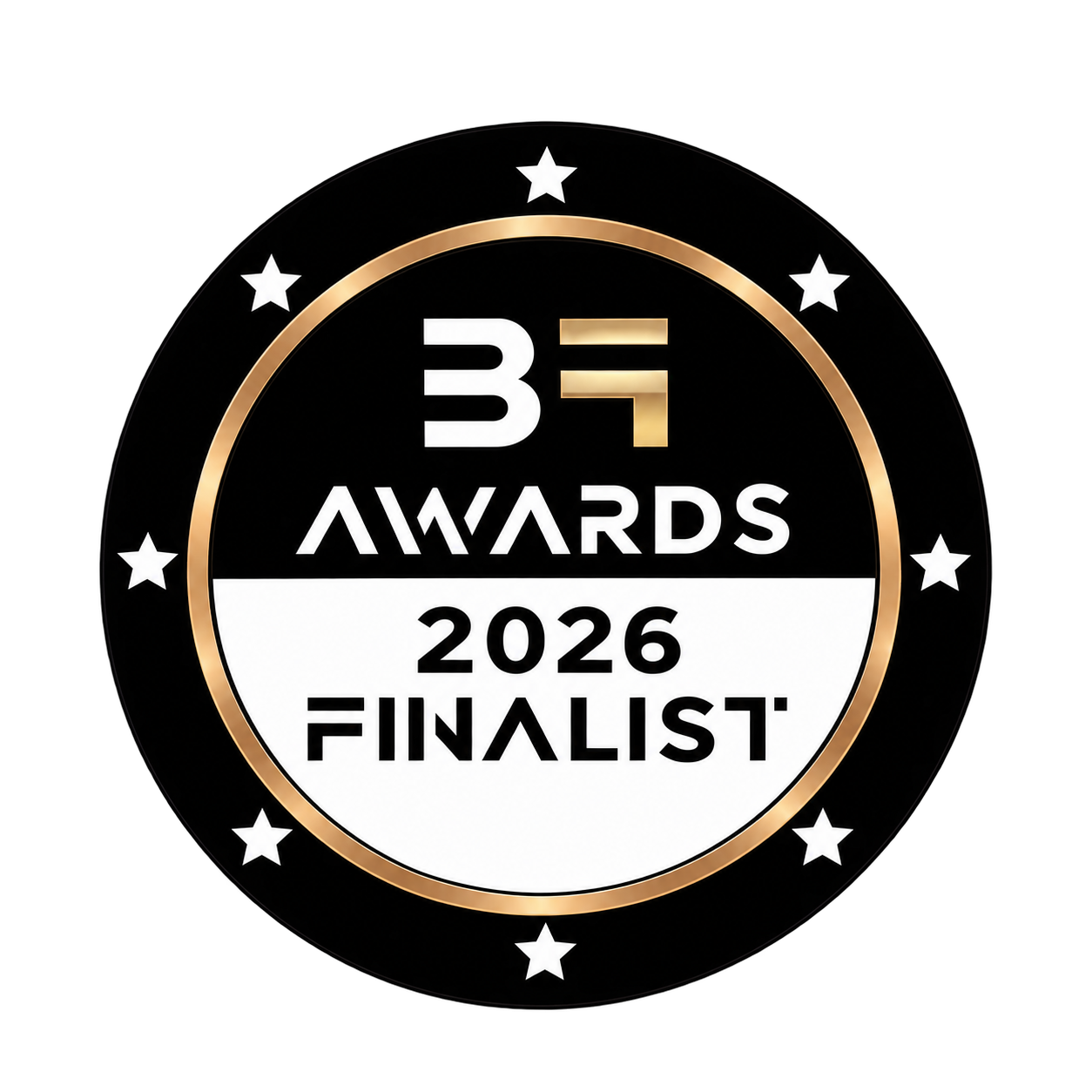 Gold and white circular badge with stars around the edge, displaying '3i Awards 2026 Finalist' on a black background.