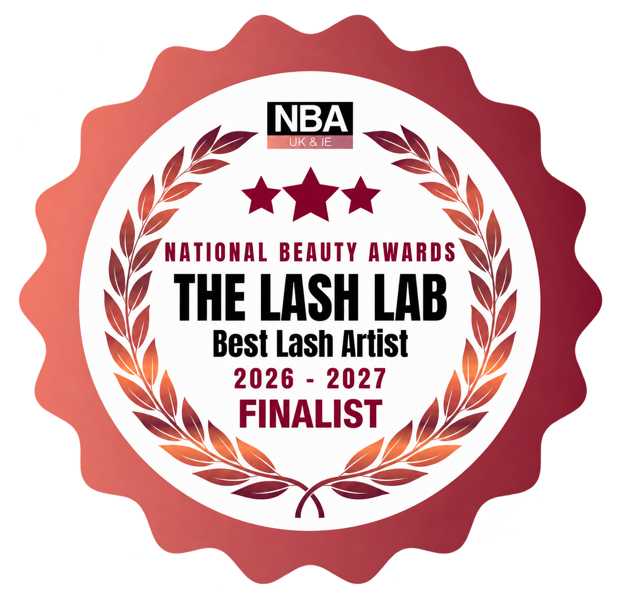 Award badge for The Lash Lab as the Best Lash Artist finalist at the 2026-2027 National Beauty Awards.