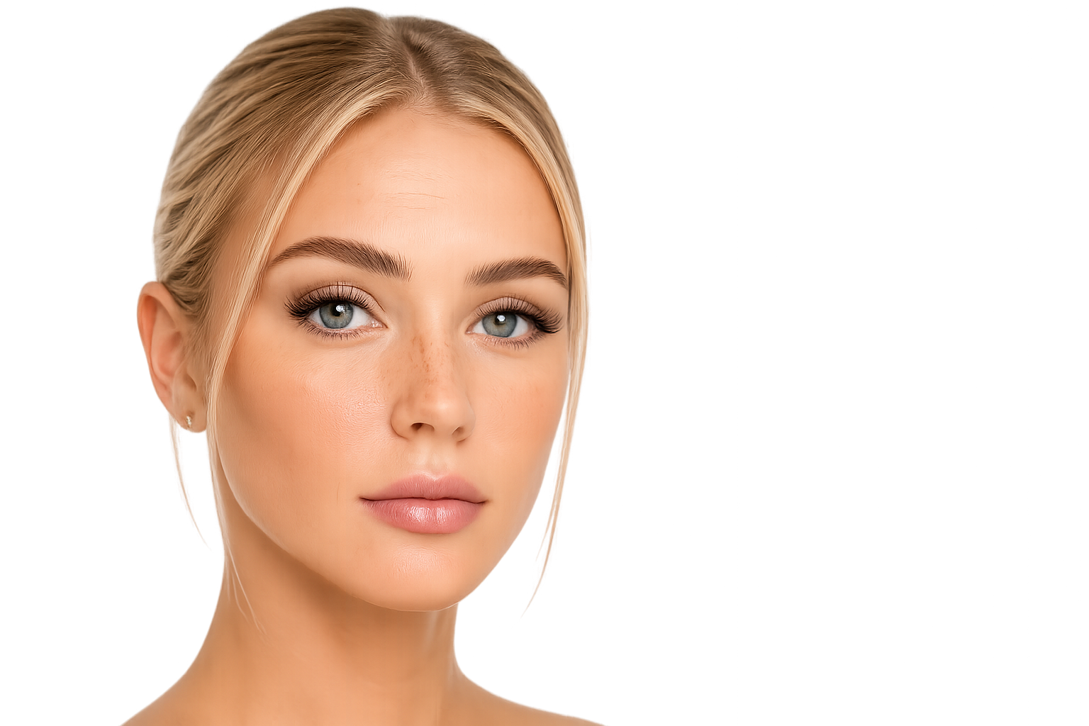 Close-up of a young woman with blonde hair, blue eyes, and natural makeup against a black background.