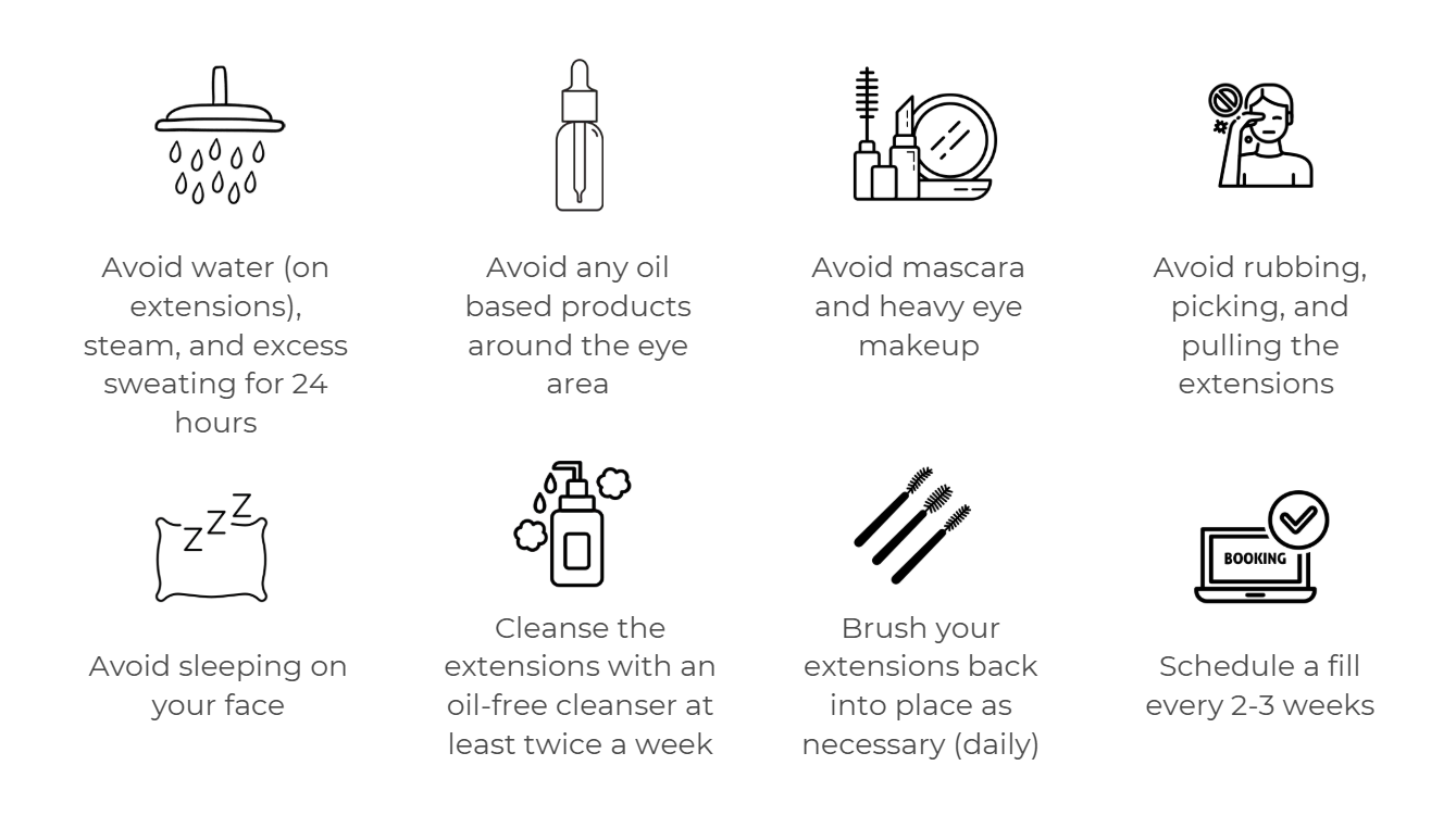 Infographic of the lash aftercare recommendations for healthier lashes and longer lasting lash extensions