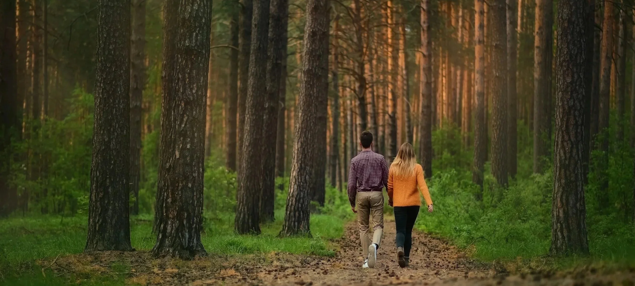 A couple walks through a forest on a dirt trail, surrounded by tall trees and greenery during sunset.