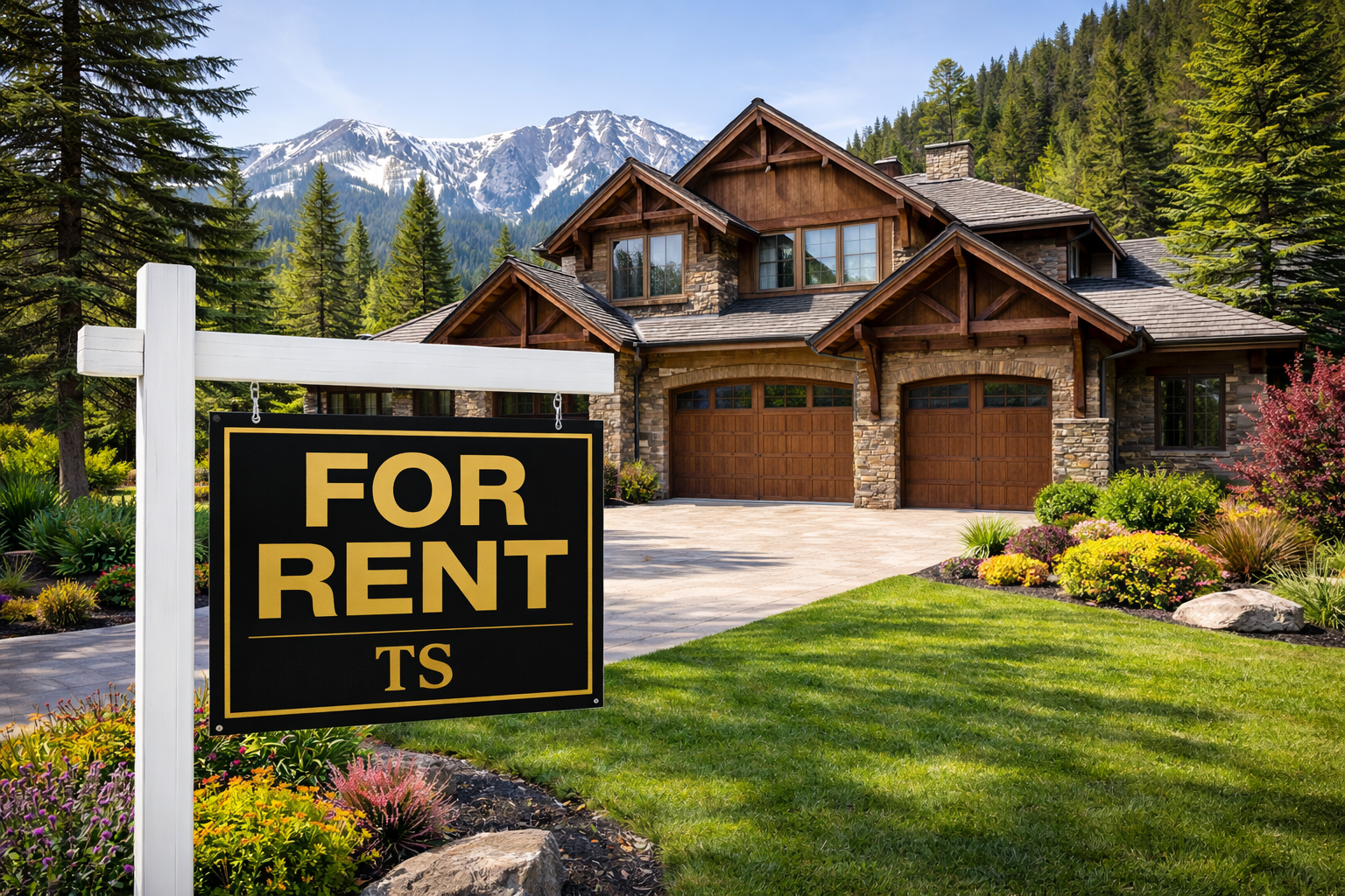 Luxury house with a yard, mountains in the background, and a "For Rent" sign in the front yard.