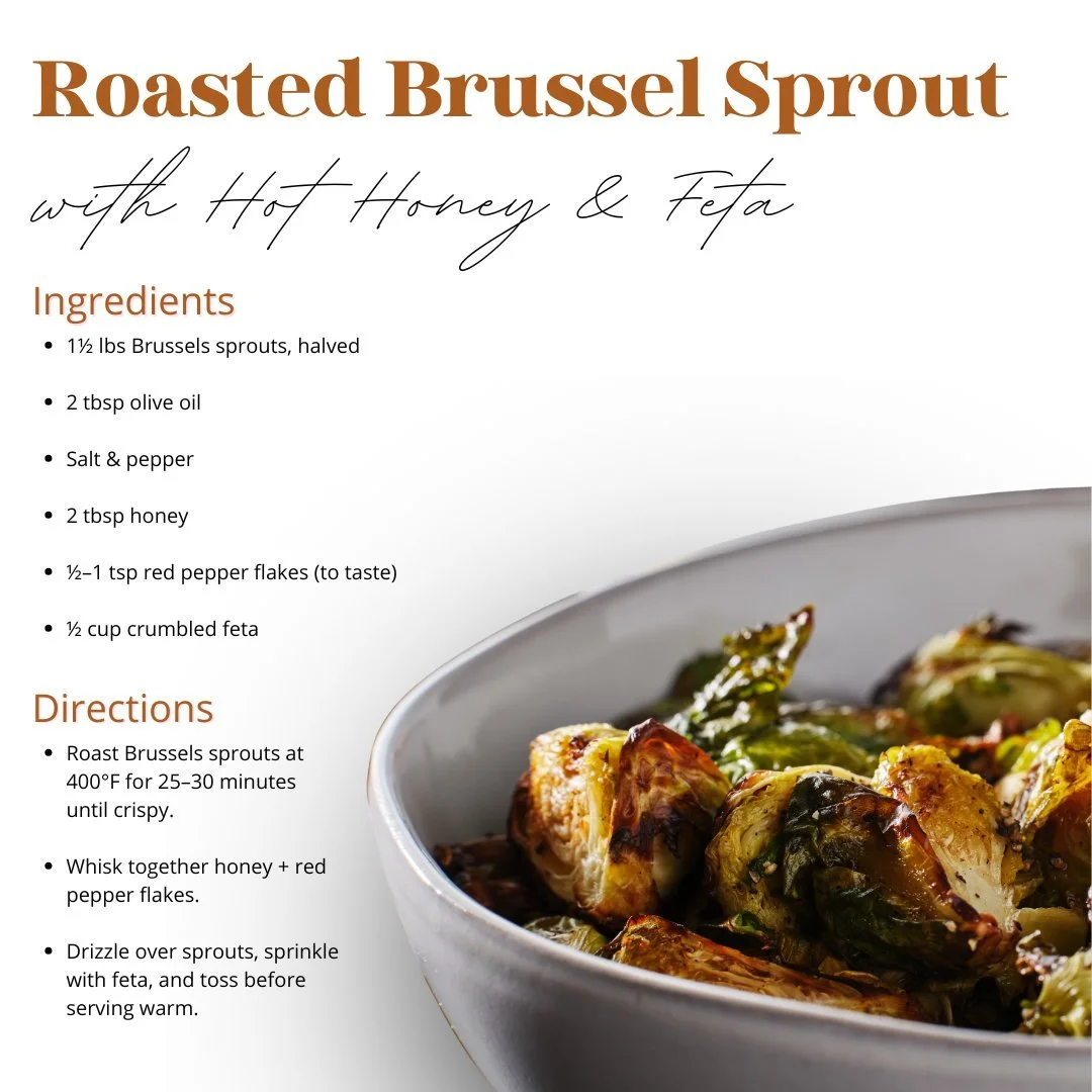 Tired of the same old green bean casserole? Try this twist instead! Roasted Brussels sprouts with a drizzle of hot honey and crumbled feta. 

Sweet, spicy, salty, and completely addicting. 💛

Perfect for a Friendsgiving or Thanksgiving table!